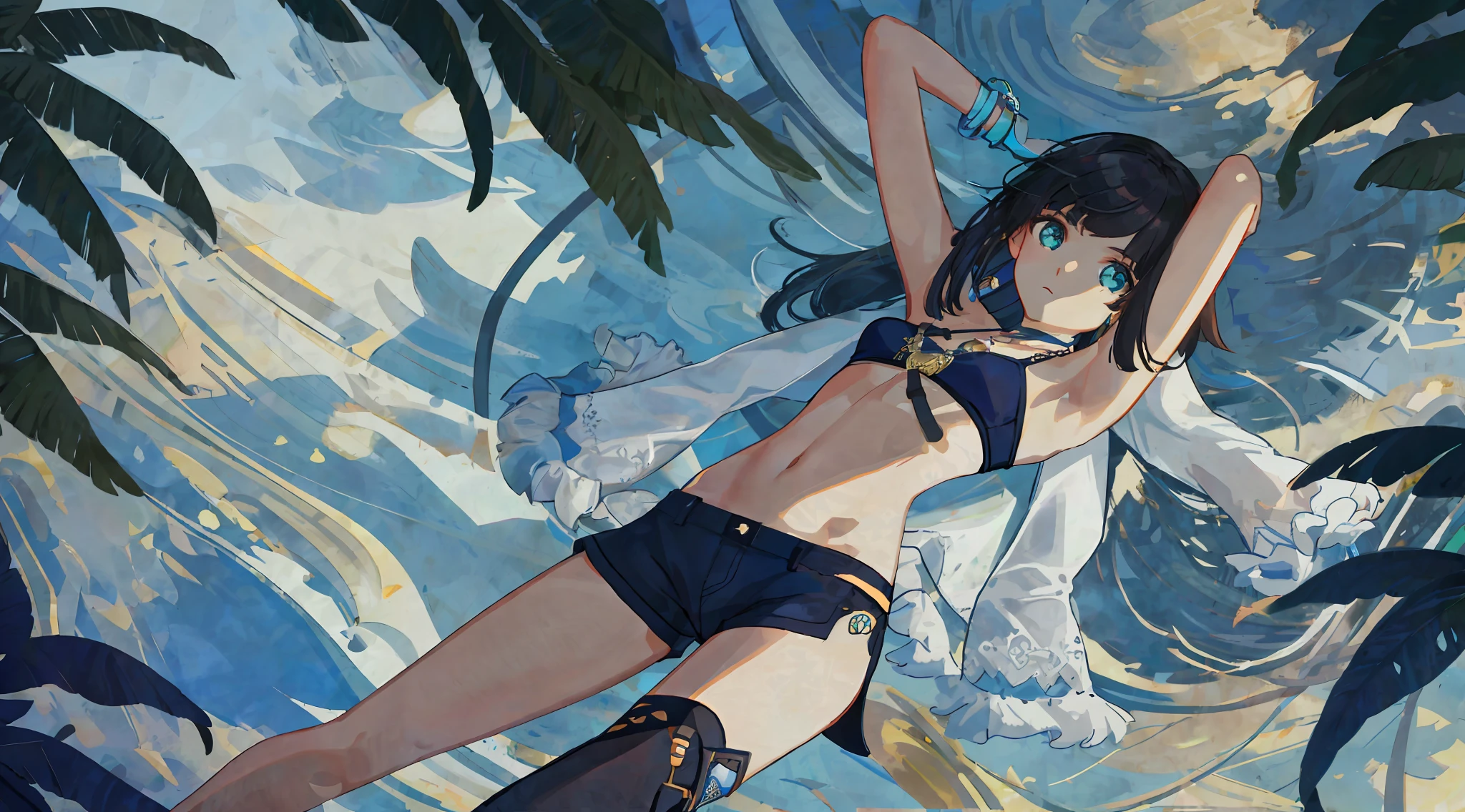 1girl, small breasts, closed mouth, bare arms, accessory, bare sleeves, bare shoulders, bracelets, necklace, navel, sideways, yelendef, bikini bra, (shorts), gradient hair, armpits, detailed, lighting, (shadow), arm straps