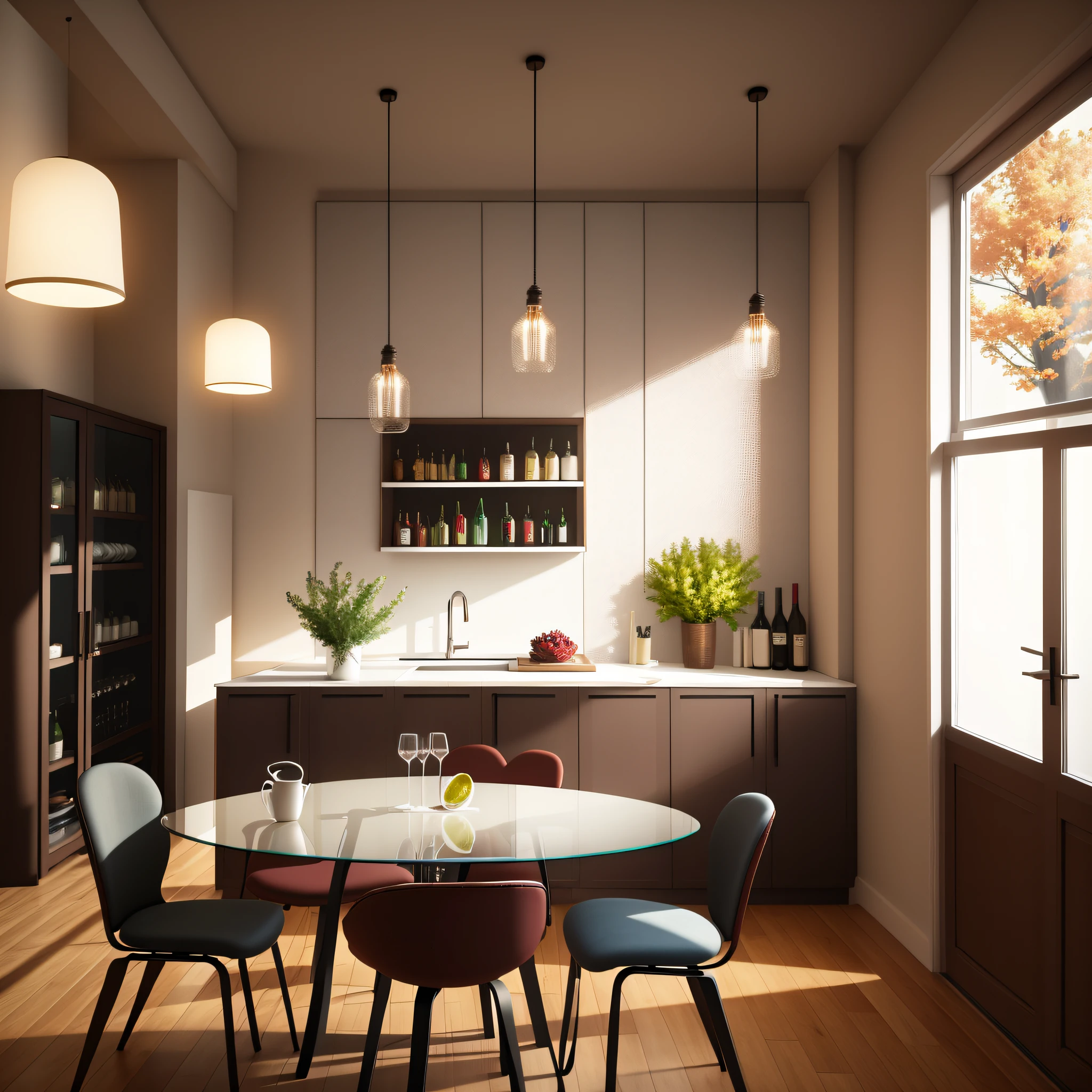 Modern dining room interior with glass table, iron chairs with wine upholstery, a white bar counter, some decorative frames, a clear and modern lighting, light walls, interior architecture, Art Deco, modern, ray tracing, super detail, best quality, highres, 8k, 16k, best quality