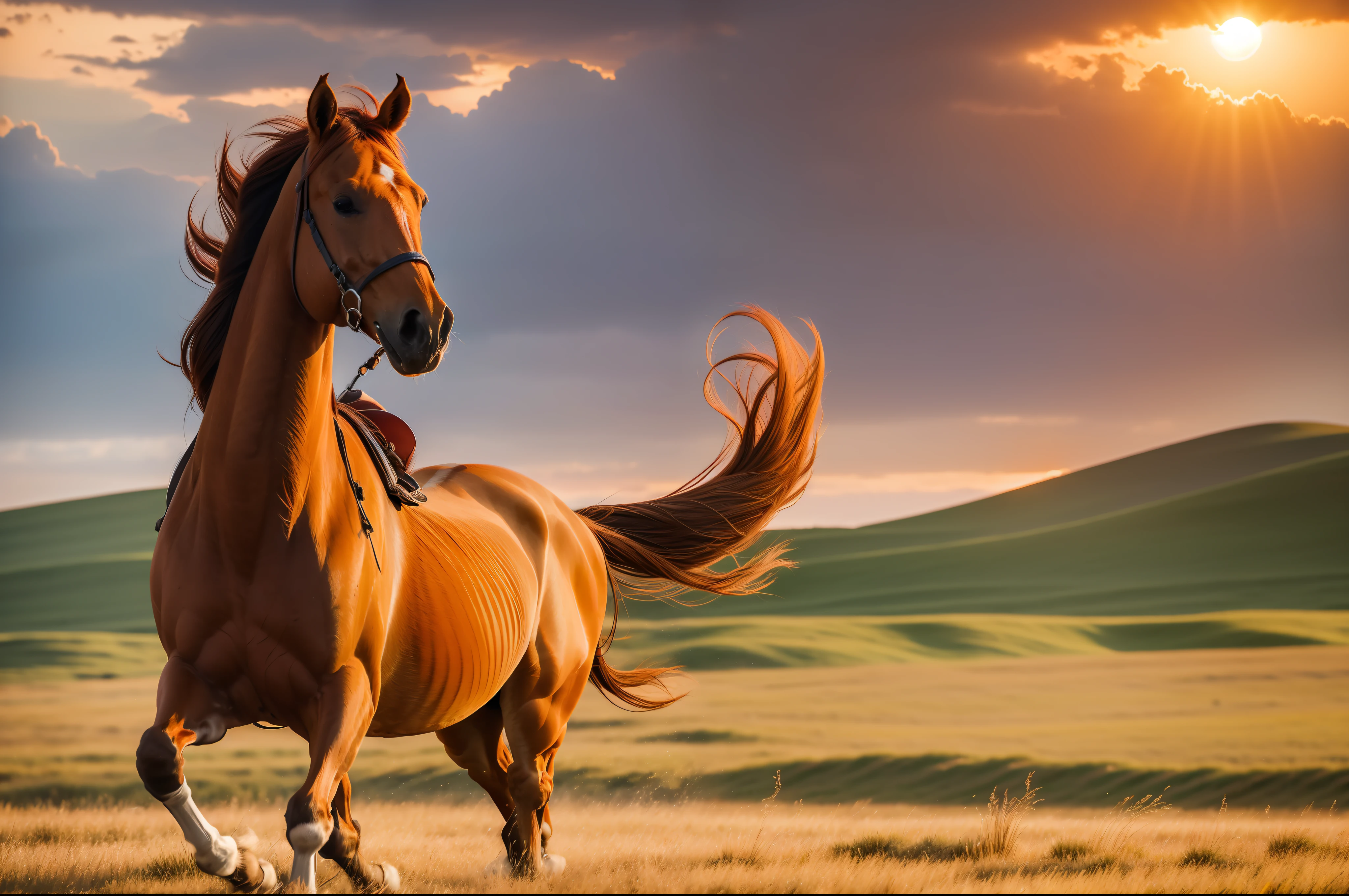 A brown-red horse galloped across the steppe in the setting sun, full limbs, long mane,