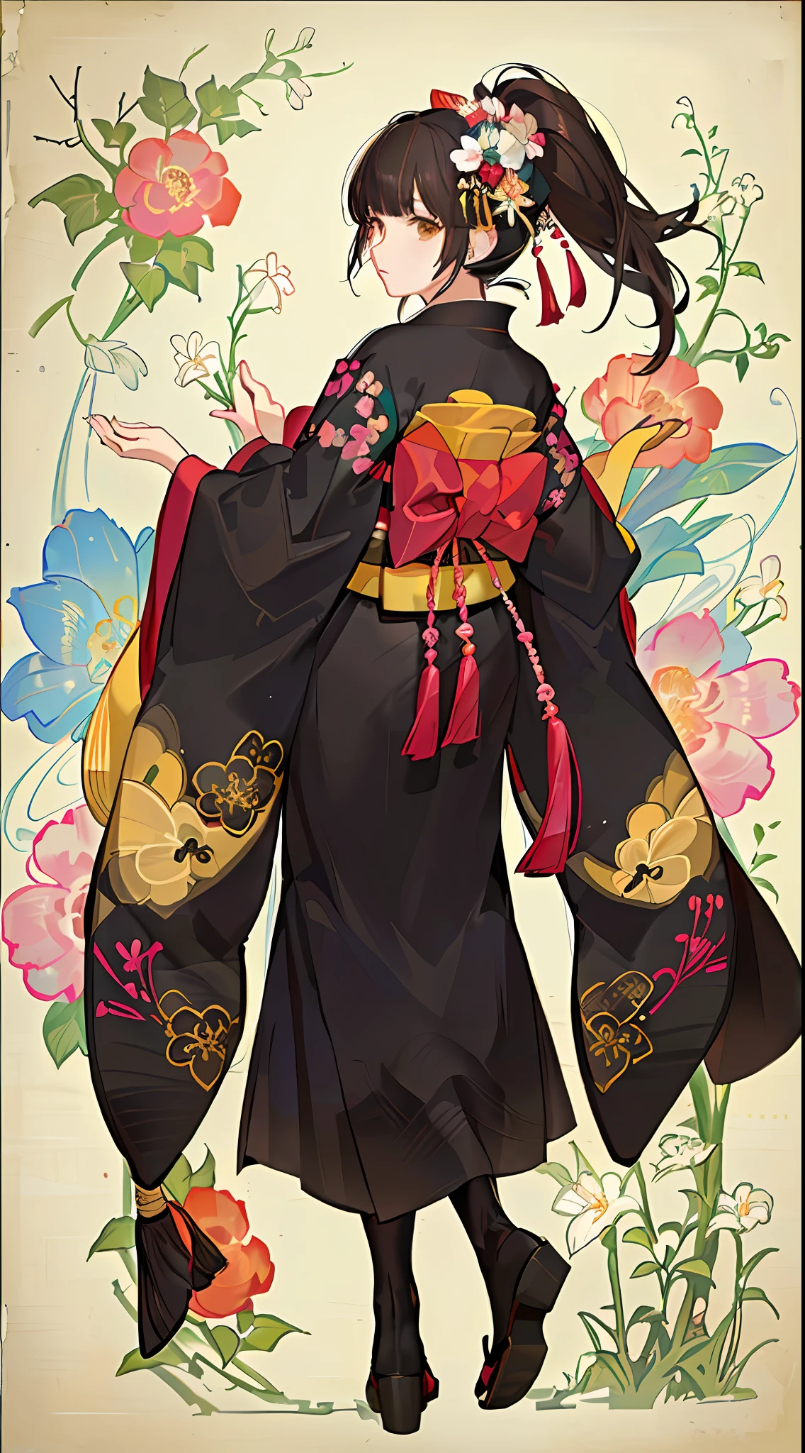 girl,full body,(face detail:1.2),pure background,masterpiece,kimono,tokyo,harajuku,,medium hair,black hair,pony,blunt bangs,brown eyes,fresh flowers