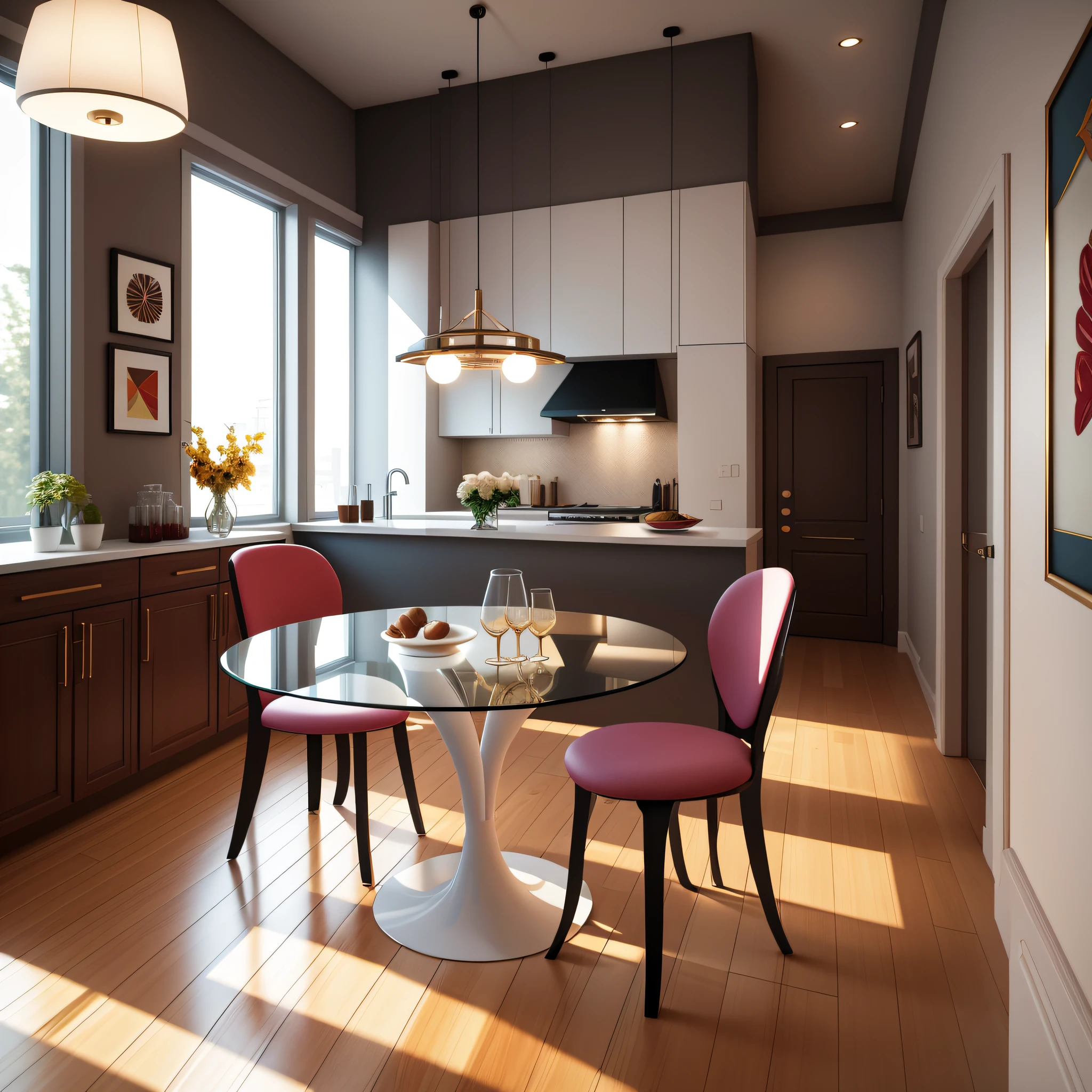 Modern dining room interior with glass table, iron chairs with wine upholstery, a white bar counter, some decorative frames, a clear and modern lighting, light walls, interior architecture, Art Deco, modern, ray tracing, super detail, best quality, highres, 8k, 16k, best quality