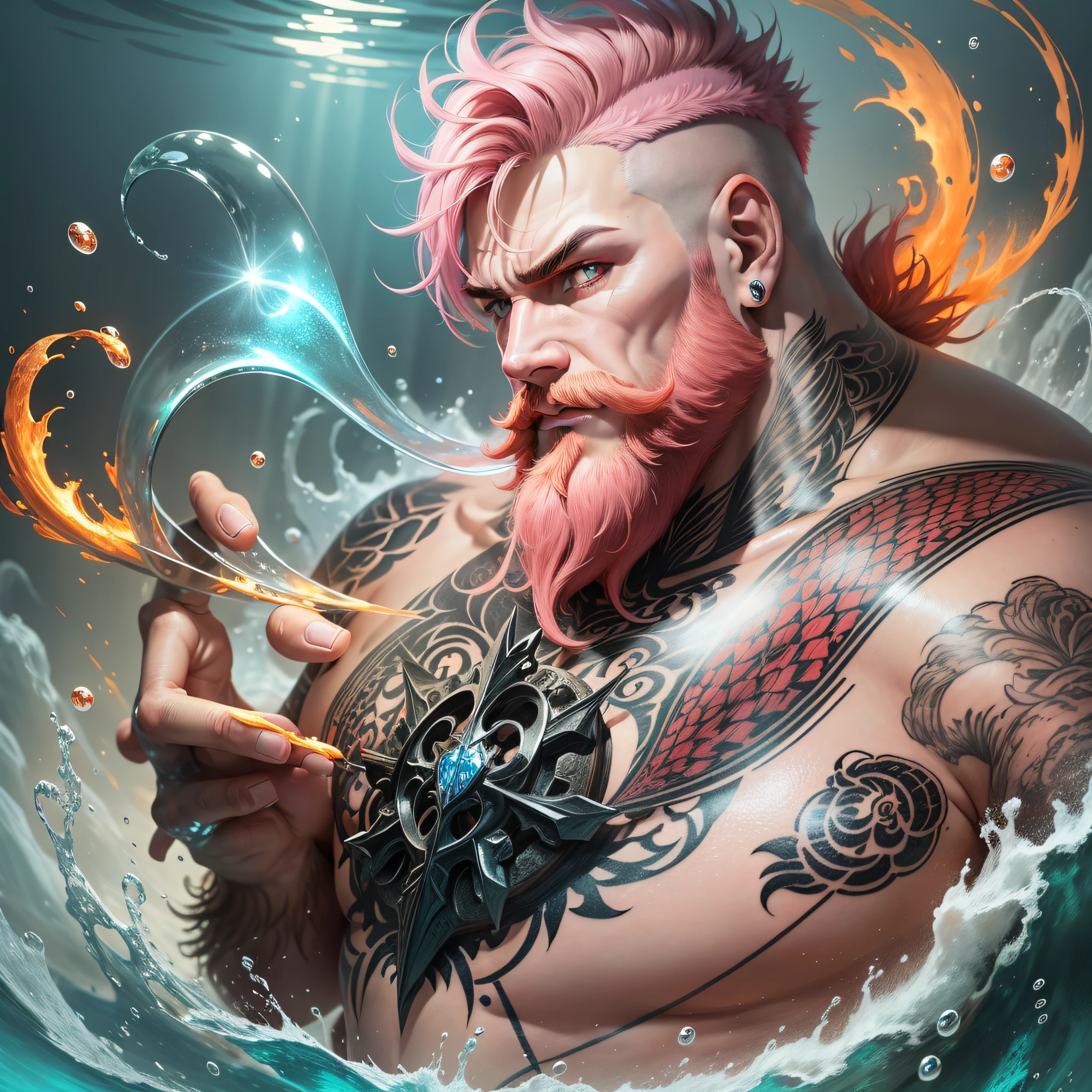 a strong man, short pink hair, short beard, has orange eyes, is underwater, has tattoos, has a crystal trident, realistic drawing style, focus on face, image size 1920x768 wallpaper