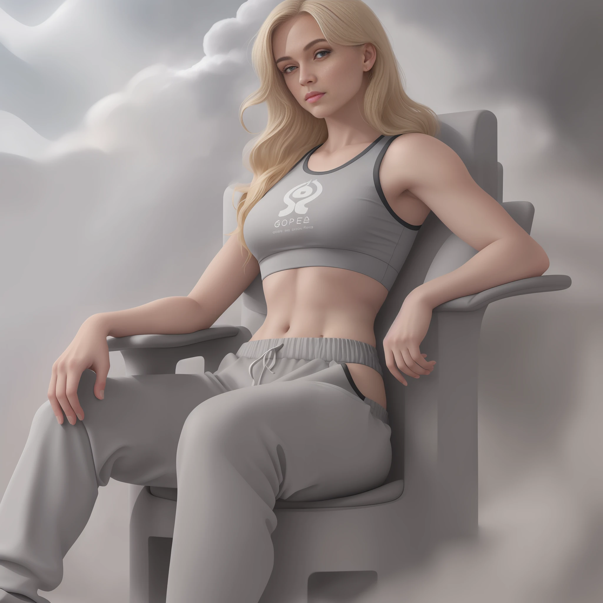 god is a blonde woman above the clouds, sitting on throne, legs crossed, on a cloud detailed face, grey sport croptop, grey sweatpants, smirking