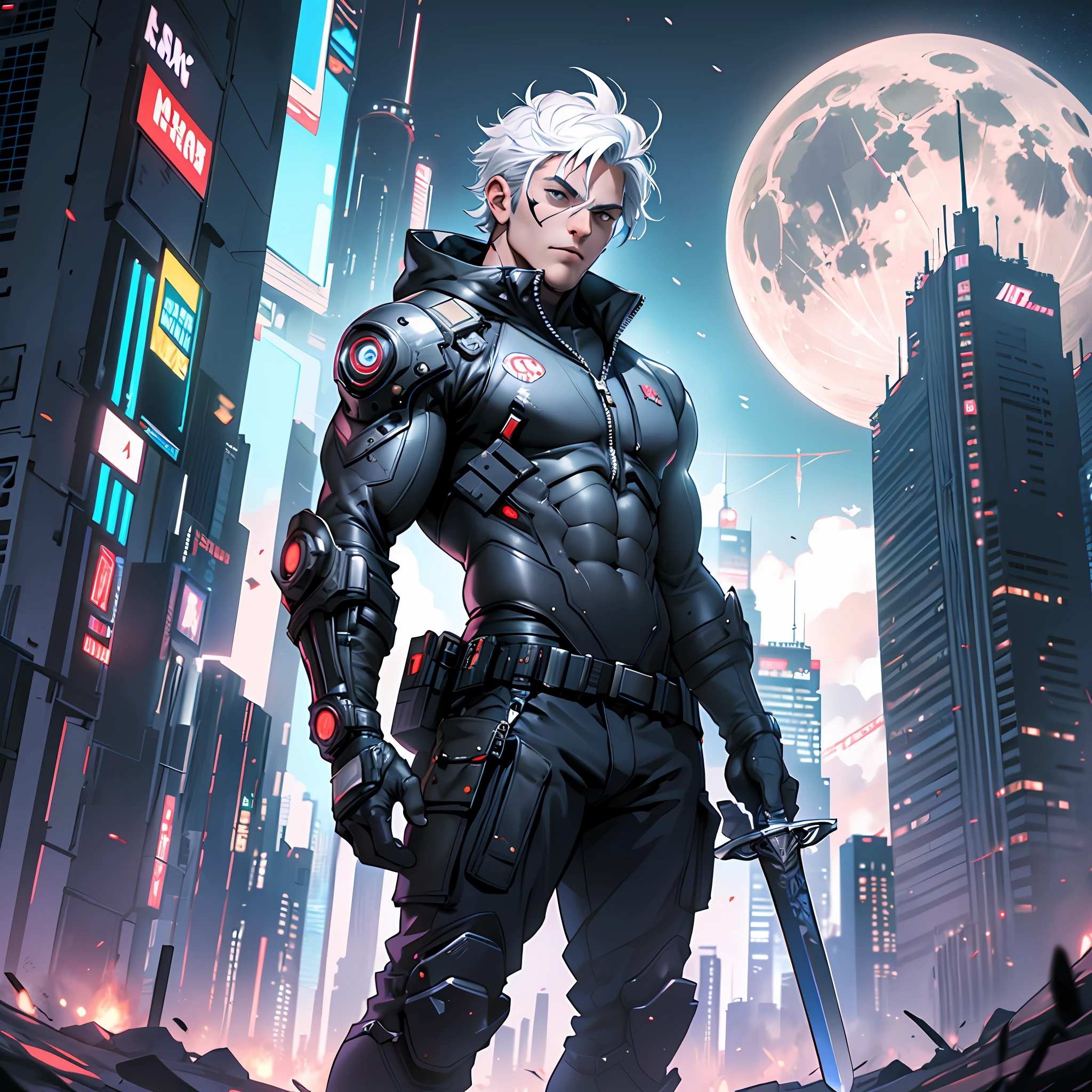 Man in suit on the moon, with a sword, and muscular, short white hair, full body, 4k, realistic, cyberpunk,