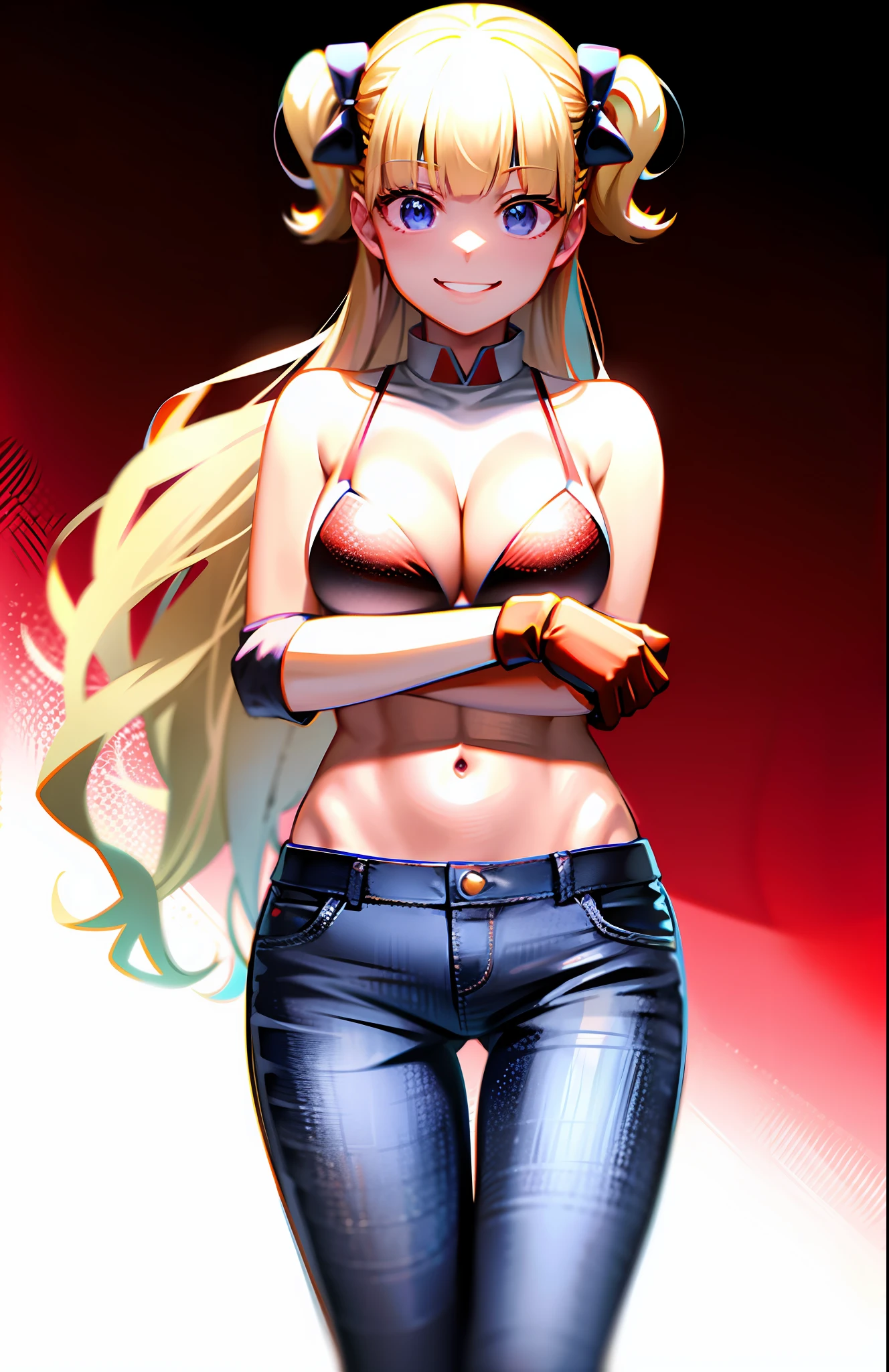 Blonde medium hair, f-cup, red bikini, cowboy hat, jeans, brown gloves, smiling, ((sexy pose))
