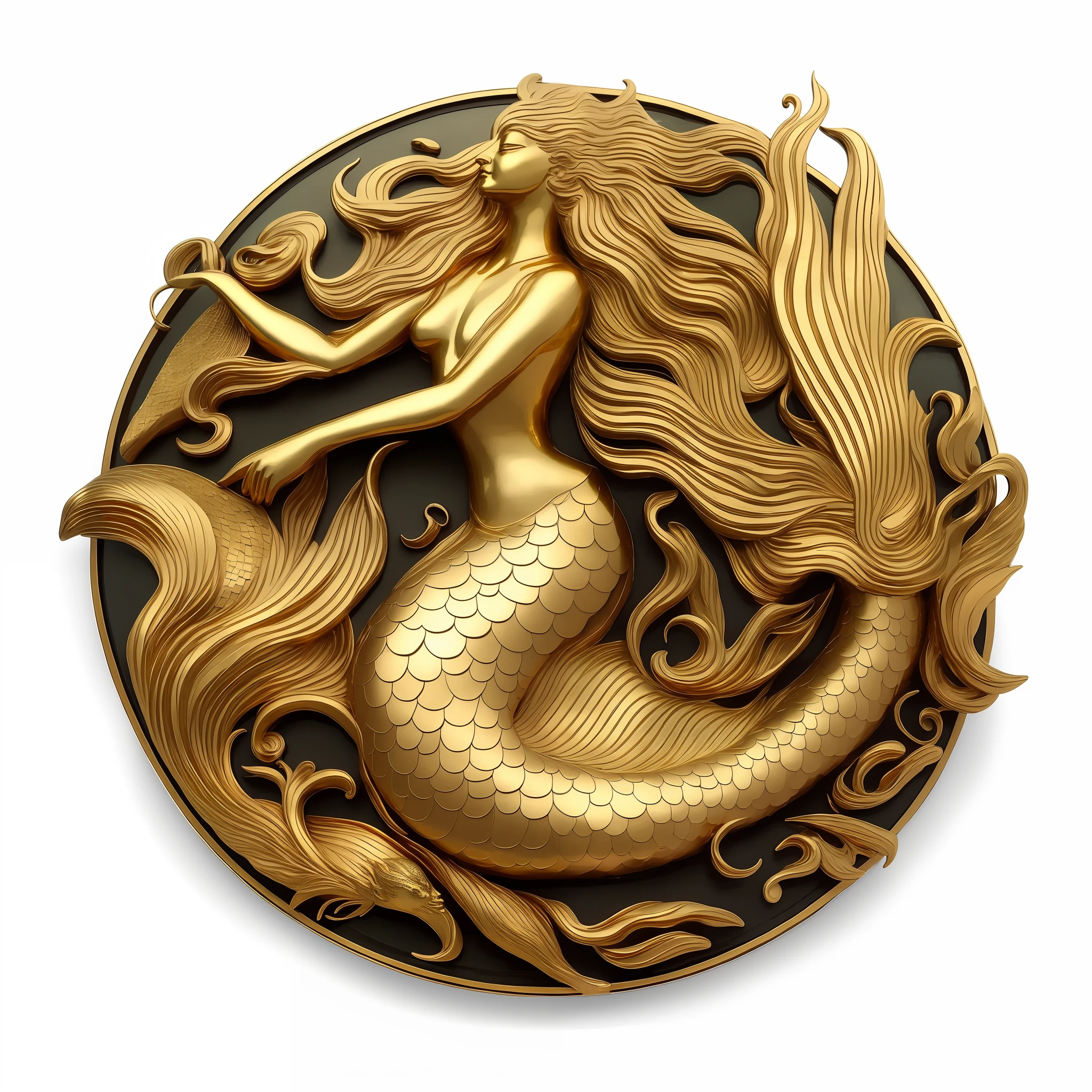 a close up of a gold mermaid on a circular plaque, mermaid, masterful intricate artwork, siren, hyperrealistic art nouveau, beautiful mermaid, portrait of mermaid, 3 4 5 3 1, 3 0, gilded relief, by Kanō Tan'yū, goddess of the sea, sculpture made of gold, by Wen Boren, mermaid body, pisces
