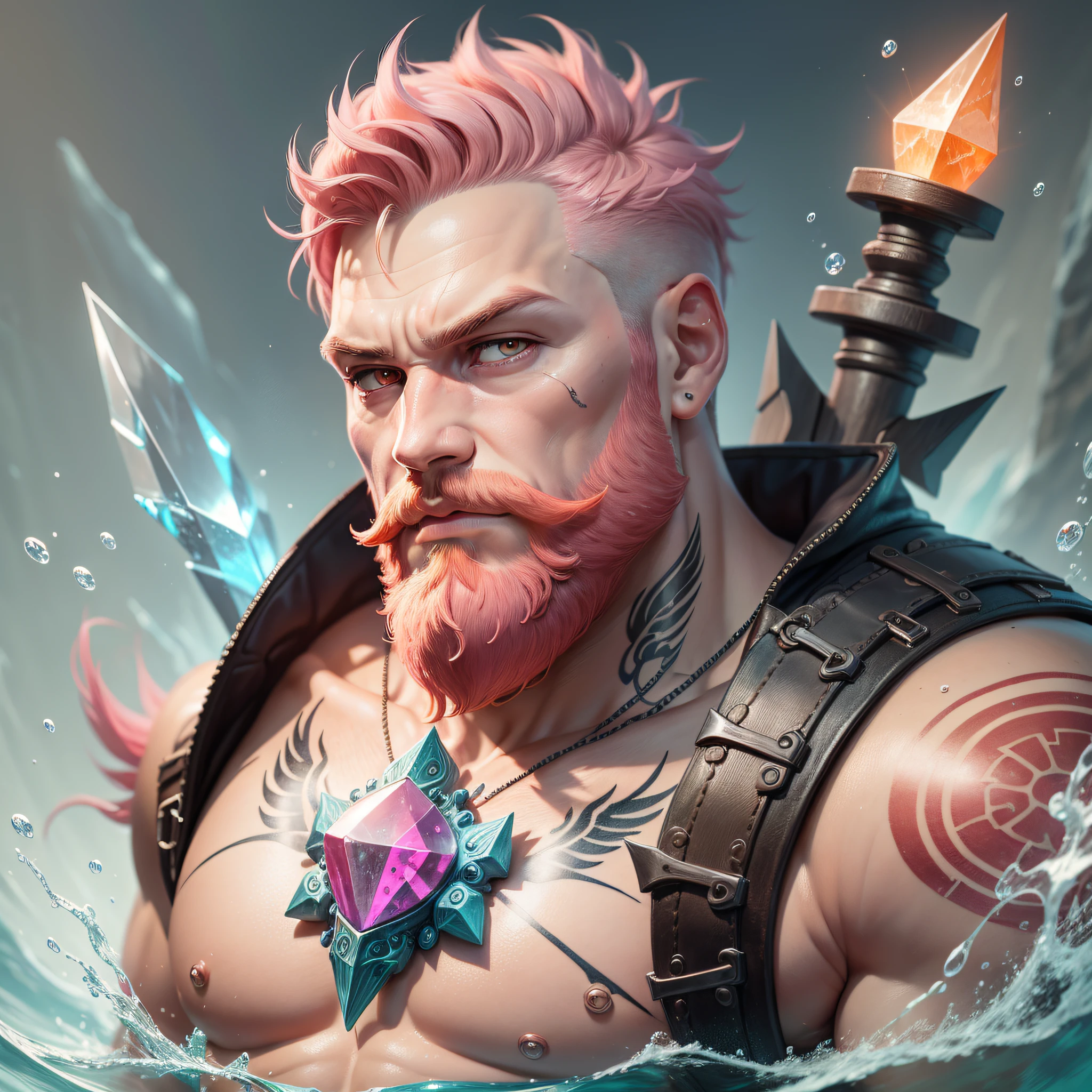 a strong man, short pink hair, short beard, has orange eyes, is underwater, has tattoos, has a crystal trident, realistic drawing style, focus on face, image size 1920x768 wallpaper