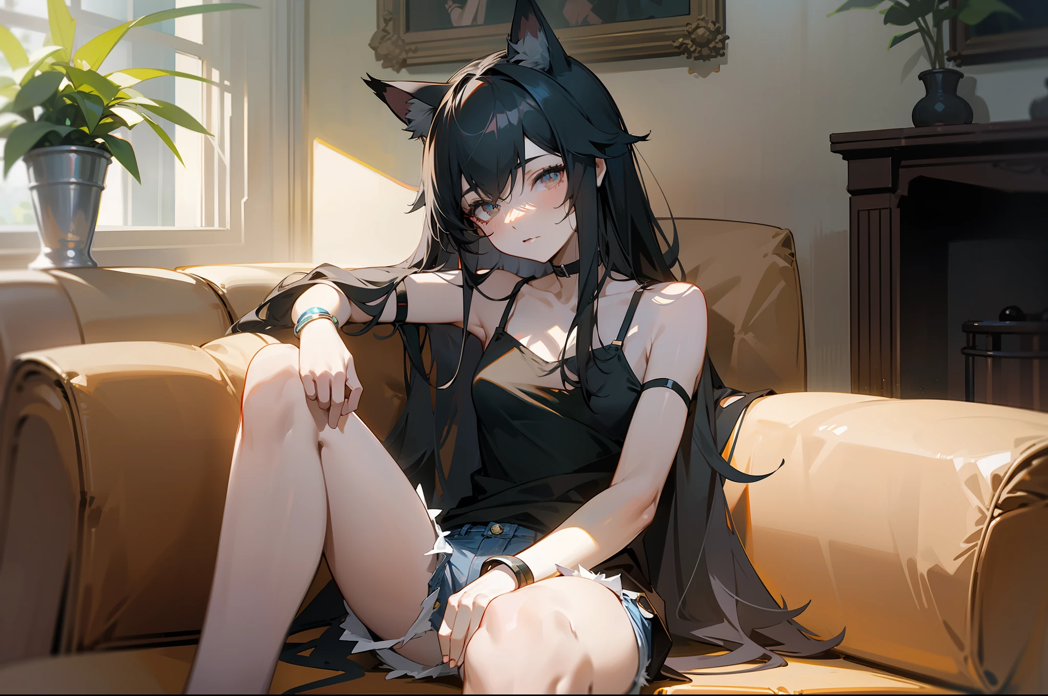 omertosa, 1girl, solo, long hair, black hair, cat ears, pale skin, denim shorts, casual, sitting, camisole, choker, couch, (small breasts), masterpiece, (shadow), lighting, interior, living room, (backlighting), bare shoulders, bracelets, arm straps, detailed