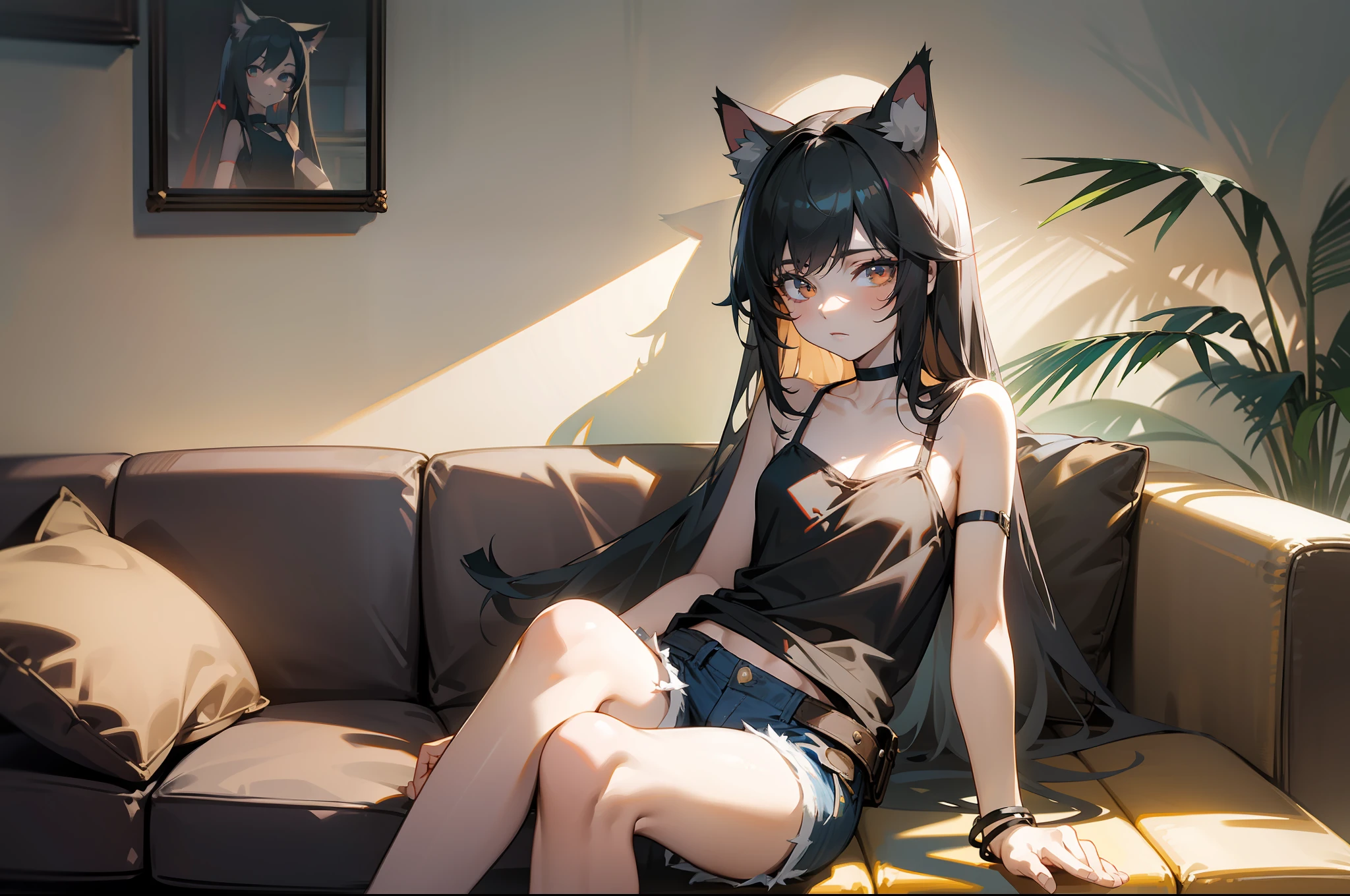 omertosa, 1girl, solo, long hair, black hair, cat ears, pale skin, denim shorts, casual, sitting, camisole, choker, couch, (small breasts), masterpiece, (shadow), lighting, interior, living room, (backlighting), bare shoulders, bracelets, arm straps, detailed
