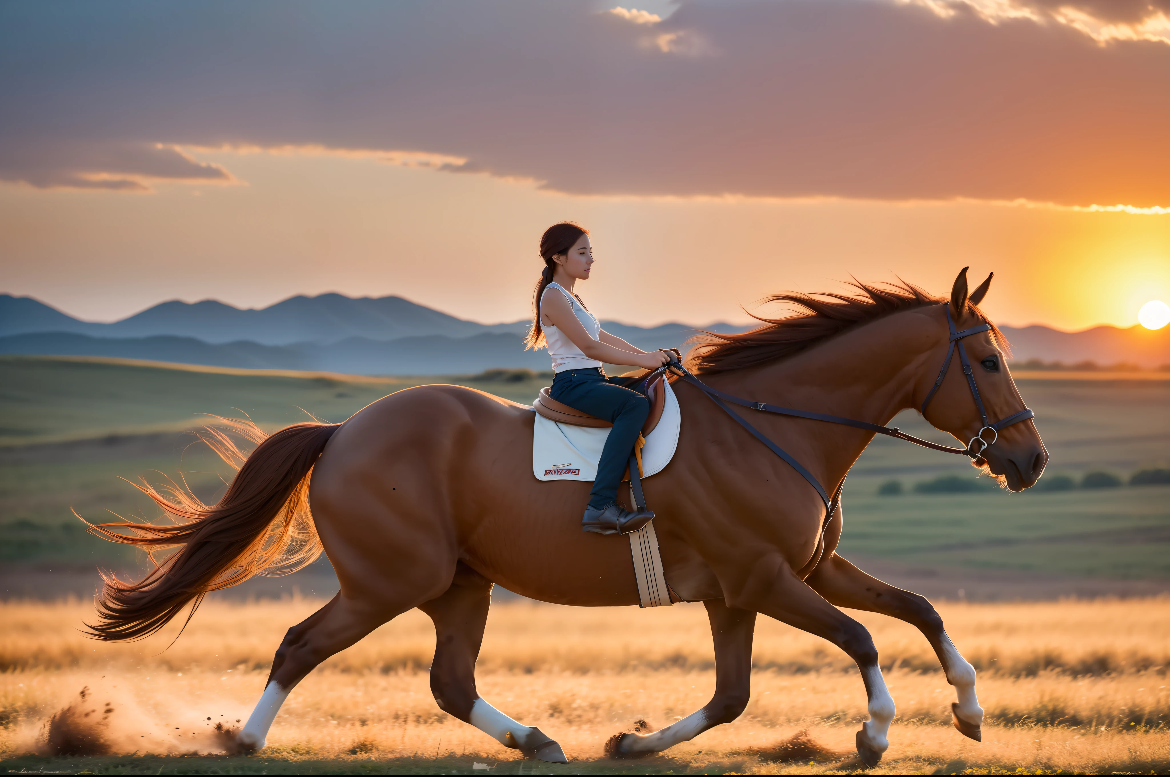 A brown-red horse galloped across the steppe in the setting sun, full limbs, long mane,