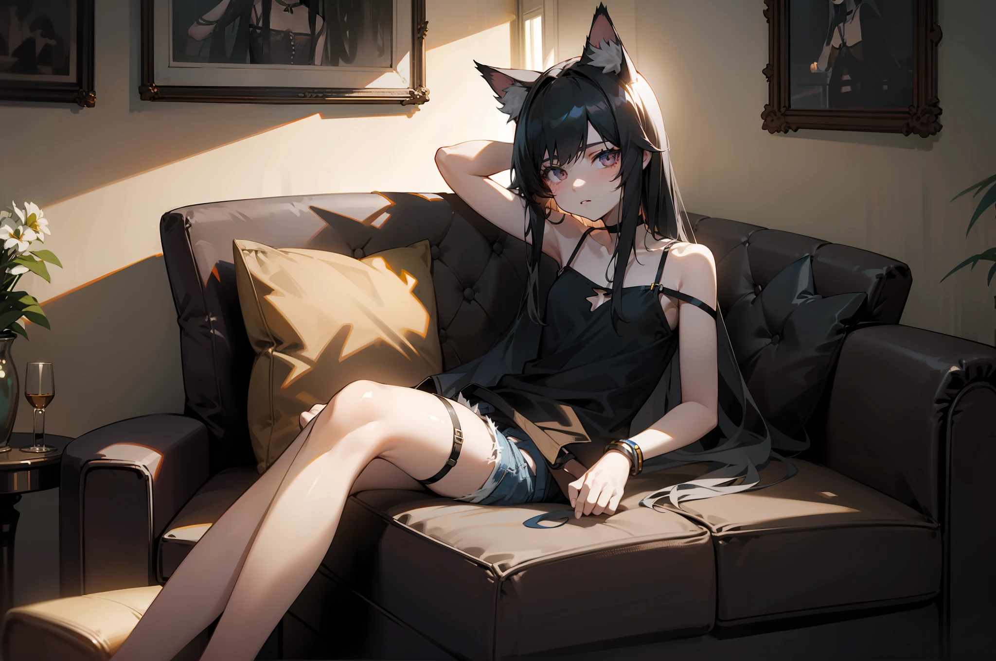 omertosa, 1girl, solo, long hair, black hair, cat ears, pale skin, denim shorts, casual, sitting, camisole, choker, couch, (small breasts), masterpiece, (shadow), lighting, interior, living room, (backlighting), bare shoulders, bracelets, arm straps, detailed