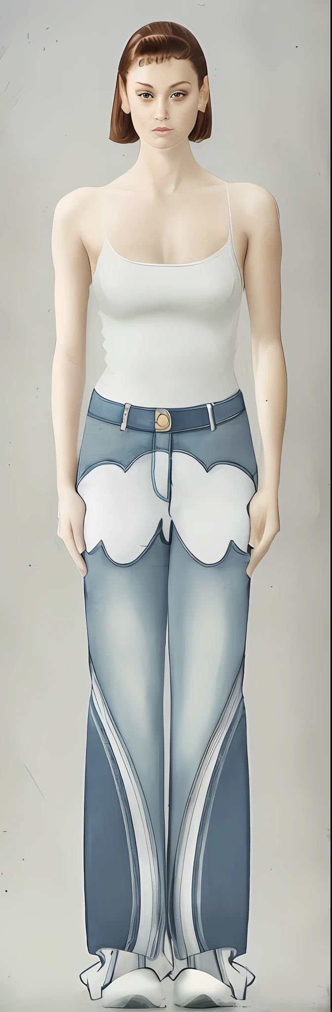 a woman in white top and jeans standing with her hands in her pockets, breeches, with two front pockets, large pants, cartoonish style, thin-waist, baggy jeans, white pants, accentuated hips, pants, middle shot waist up, jeans, denim, jean pants, exaggerated detail, cut out, jeans pants, wearing pants