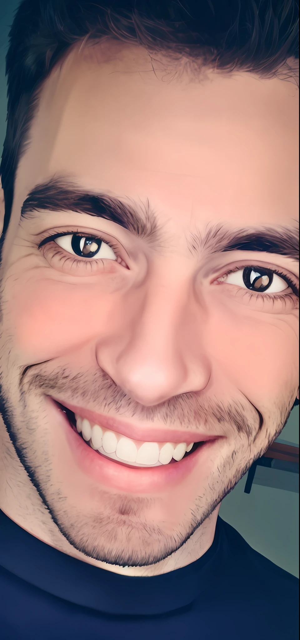 Smiling man with a black shirt,big eyes, smiling brown eyes,perfect smile, attractive smiling, precise brown eyes, charming smile, happy eyes,white background,20 years old