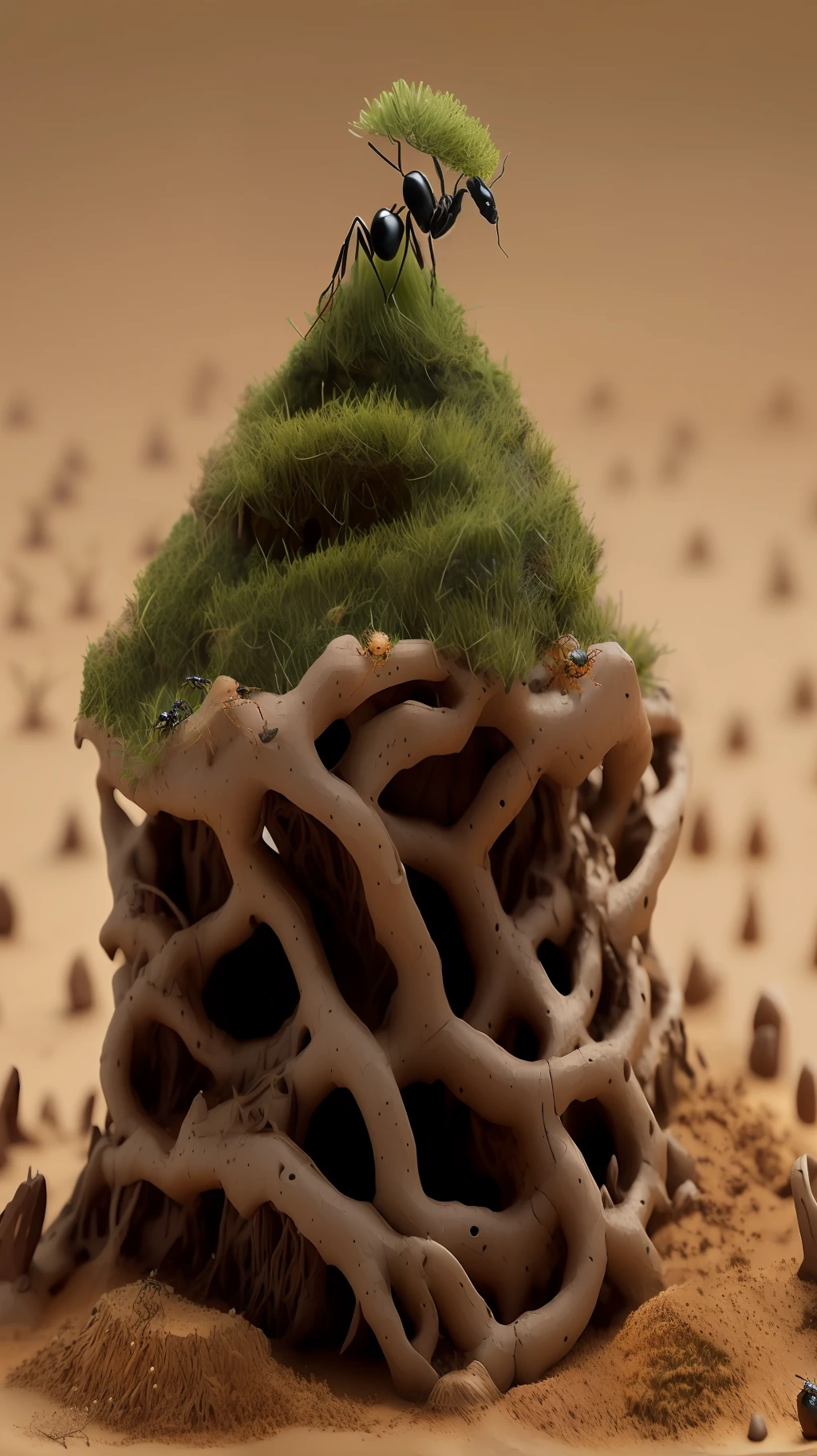 Ant-hill based on the roots of a Chinese bonsai tree growing on sandy soil