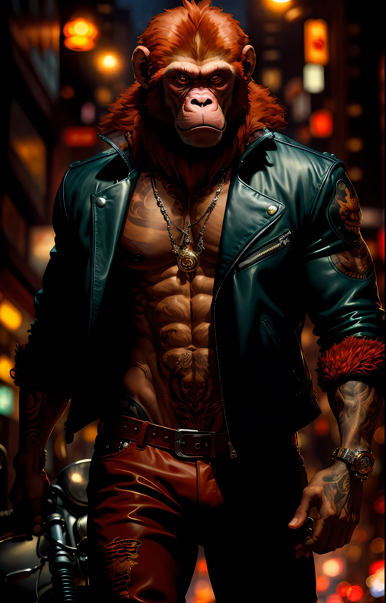 Masterpiece, (ultradetailed), (Animal anthropomorphism), gangster theme, monkey, jacket,red hair. riding a motorcycle in dim lighting, tattoos, machine gun, smoke, shadows, corrupt cityscape, highest quality, solo focus, (skimpy:1.04), muscular man, full body, intricate (high detail:1.1)