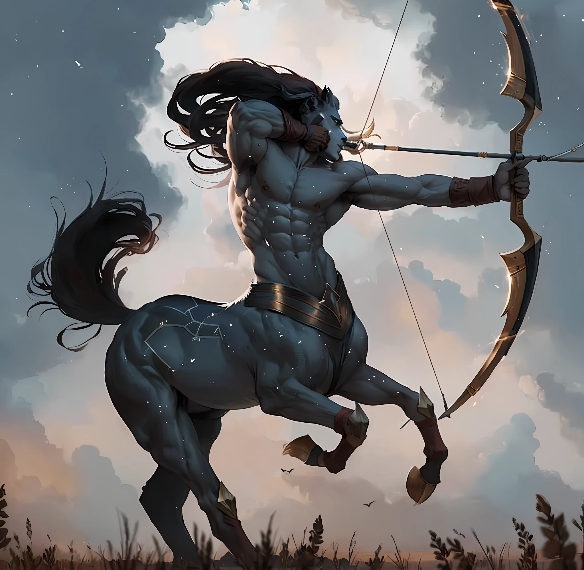 "Draw a powerful illustration of Sagittarius, a mythological being known as a centaur. The centaur has the lower part of the body with the shape of a horse, including hind legs, body and tail. At the top, where normally the horse's head would be, there is a man's torso and head. The human torso is connected to the equine body, forming a single creature. Sagittarius should be portrayed with a muscular and athletic body, maintaining elegance and harmony between the human and equine parts. He deftly holds a bow, with the arrow positioned to be launched. The facial expression of Sagittarius should convey strength, confidence and determination. Be sure to capture the details of human facial features, torso muscles, and the equine anatomy of the centaur's body. Use a vibrant and contrasting color palette to enhance the power and beauty of Sagittarius."