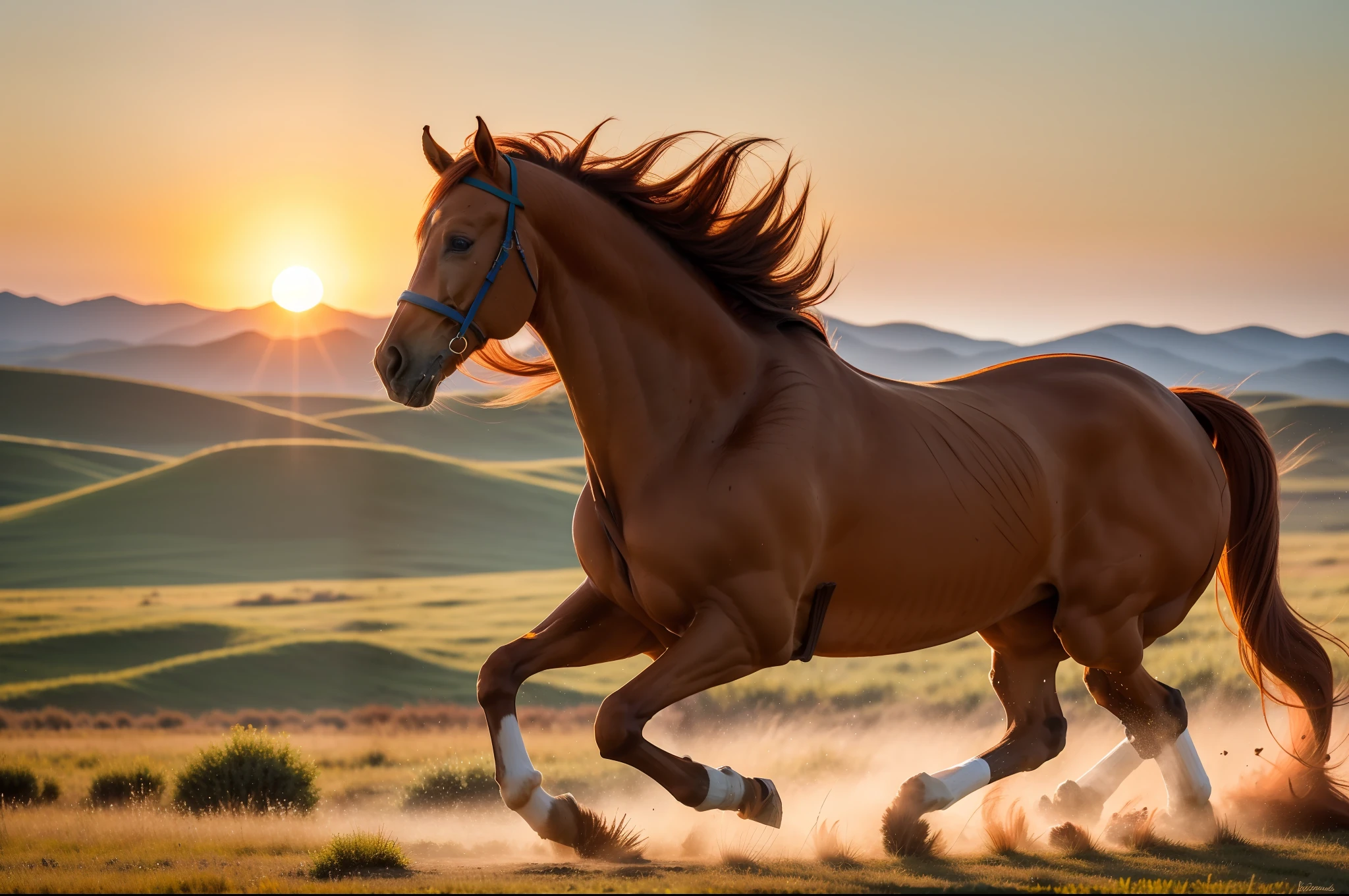 A brown-red horse galloped across the steppe in the setting sun, full limbs, long mane,