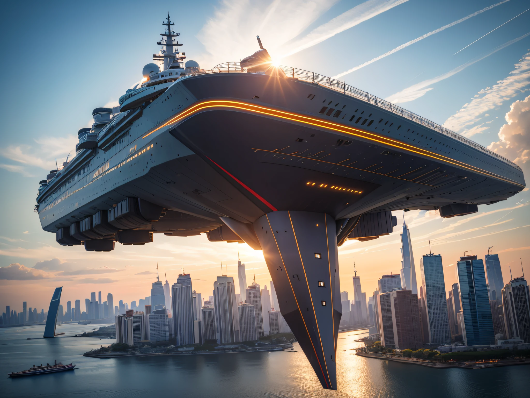 Train space ship, with a triangular shape, in red and gold color scheme, using a warp drive propulsion system, traveling on magnetic levitation tracks. The purpose of the ship is military transport. The environment is a futuristic cityscape with tall skyscrapers in the background. The camera model is a Canon EOS R5. The composition is centered on the ship, with the cityscape in the background. The perspective is slightly tilted to create a dynamic feel. The lighting is a warm, golden hour glow, casting long shadows. The depth of field is shallow, with the ship in focus and the background slightly blurred. The shutter speed is set to capture the movement of the ship. The photo quality is high resolution, with sharp details and vibrant colors. The extra photography jargon that matches the details includes using a wide-angle lens to capture the entire ship and the cityscape, and adjusting the ISO to balance the exposure