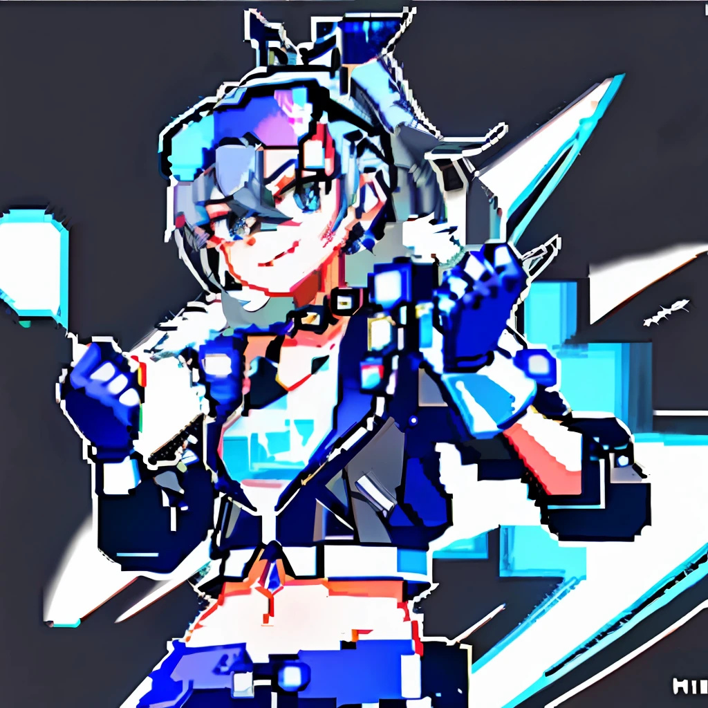 Highly detailed, masterpiece, Silver wolf, pixel art,hcnone, fighting game pose,smile, hair ornament, gloves, hair between eyes, jewelry, jacket,midriff, stomach, earrings, black gloves, fingerless gloves, sunglasses, eyewear on head, writing a futuristic motorcycle, well drawn hands