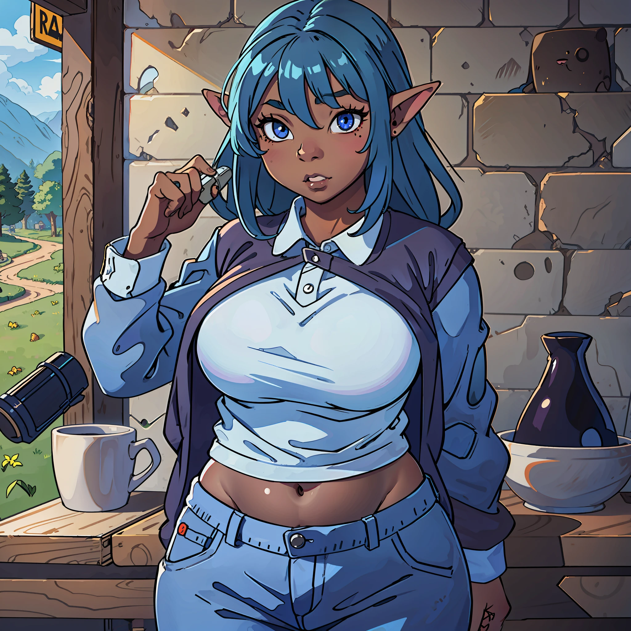 goblin girl, blue hair, very long hair, dark_ skin, dark skin goblin, very dark skin girl natural huge breasts, hair between eyes, chubby, chubby girl, chubby girl goblin, mole, mole on chest, age up, lips, big lips, short girl, highly detailed, high quality, best quality, 8k, casual clothes, farm, pants, shirt, long sleeves ,neckline