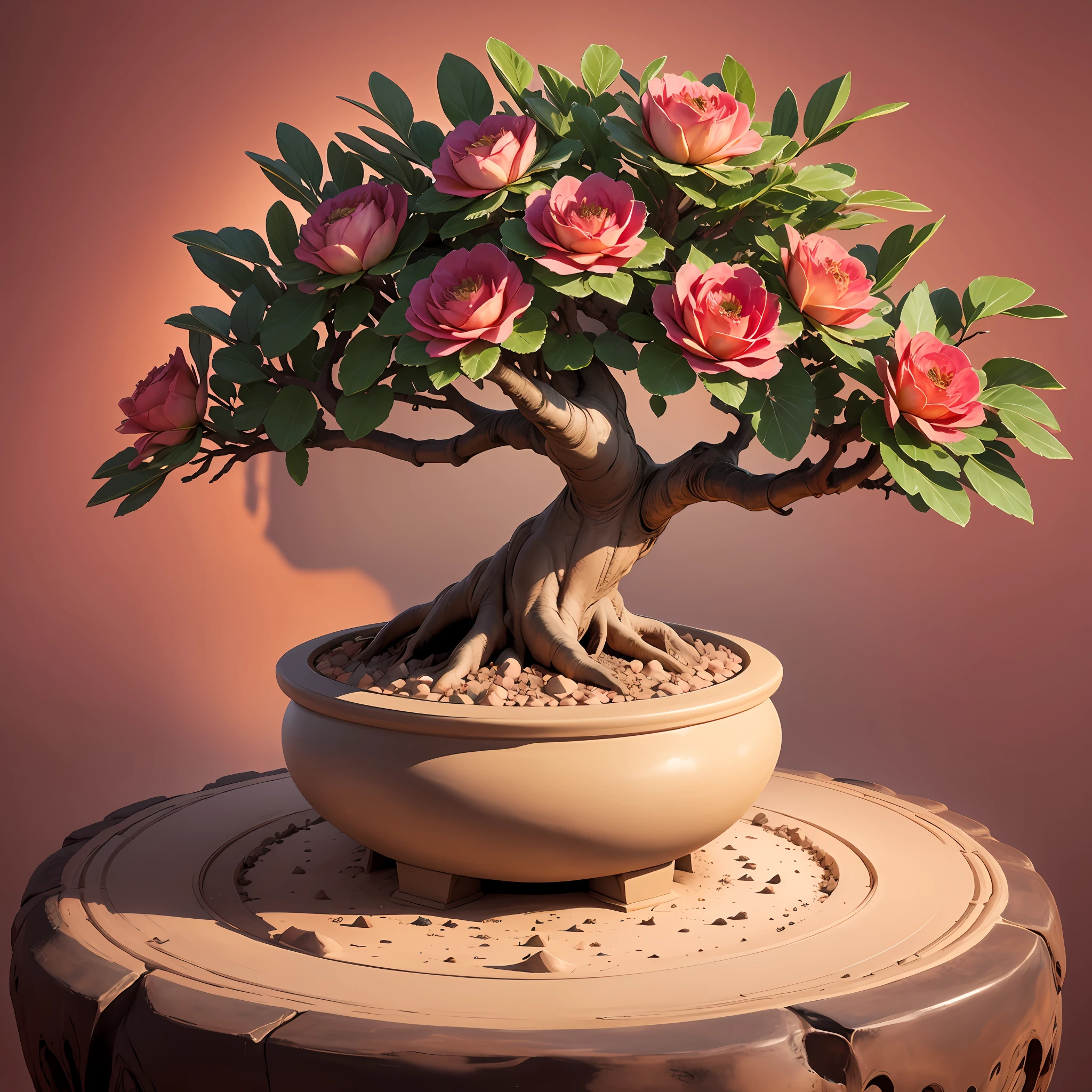 Create desert roses with huge caudex style bonsai with lots of roses. Flower is adenium. Desert background --auto --s2