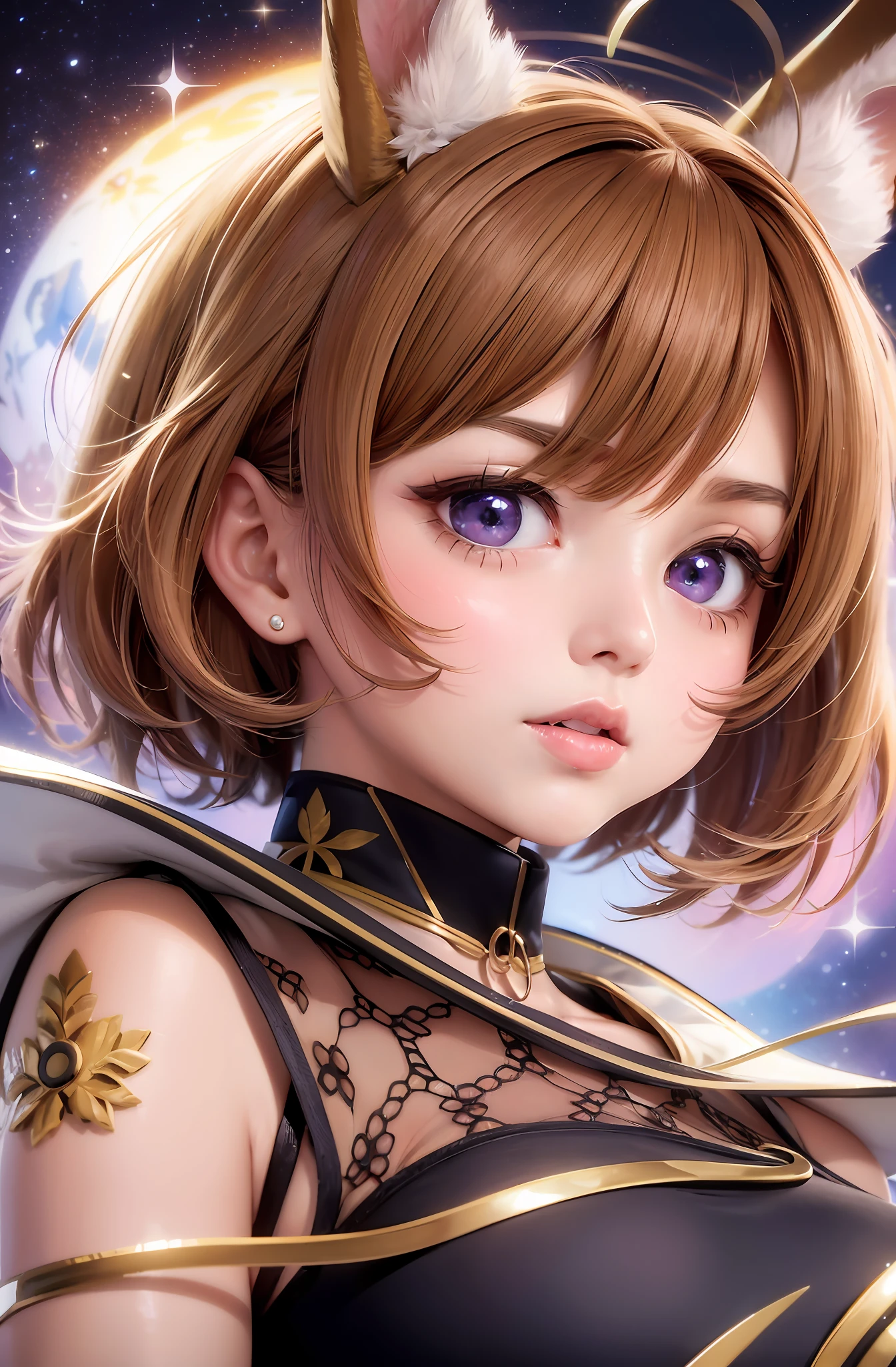 Close up, face focus, sharp eyes, Caramel eyes, short brown hair, upper body shot, 👩🏼✨🪄🧙🏞️🌌🐰👘☄️☄️, cute bunny girl, Rabbit ears, style by hitenkei, colors by
piromizu, composition by maccha, light painting by mikapikazo, --auto --s2