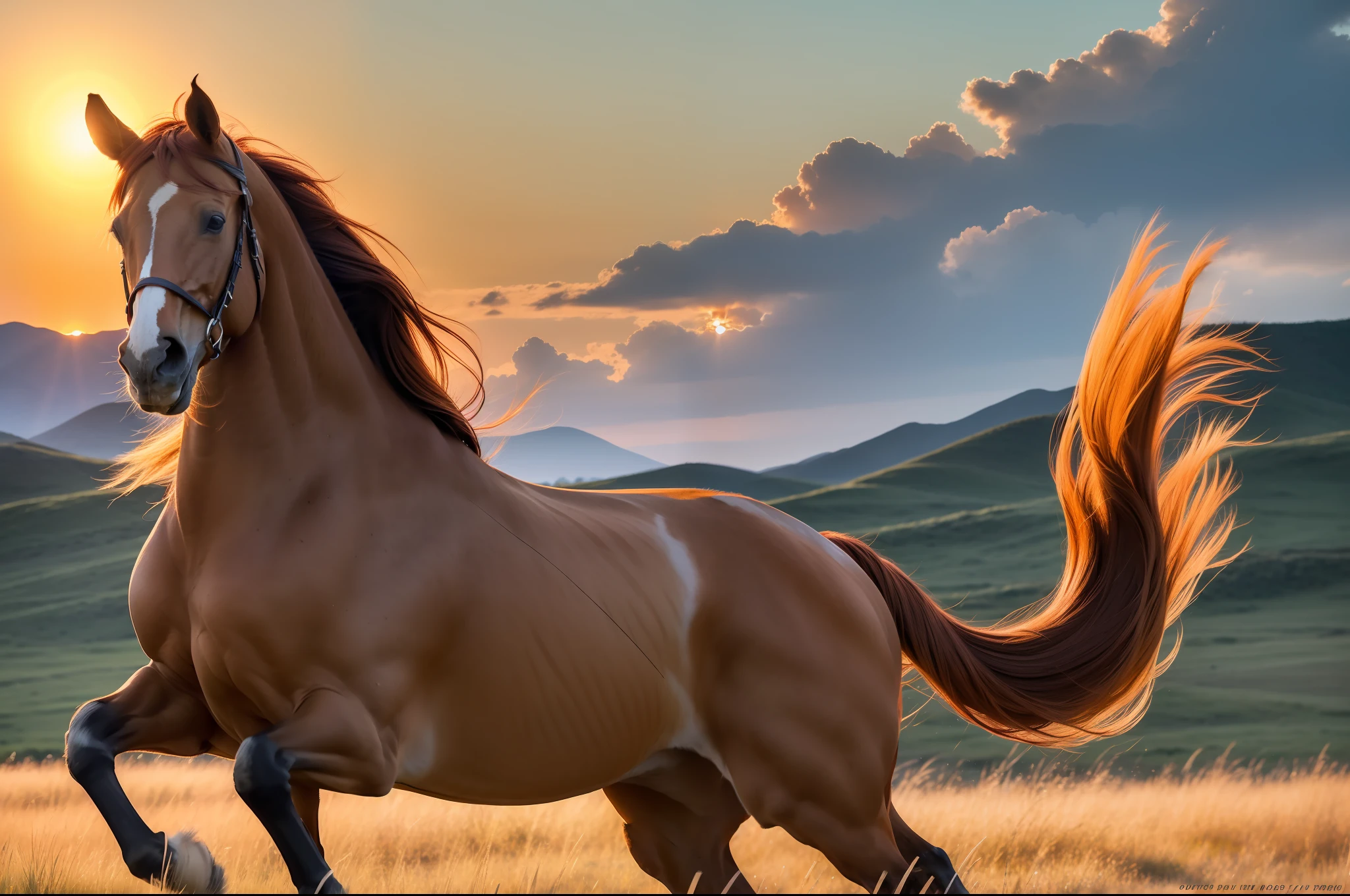 A brown-red horse galloped across the steppe in the setting sun, full limbs, long mane,