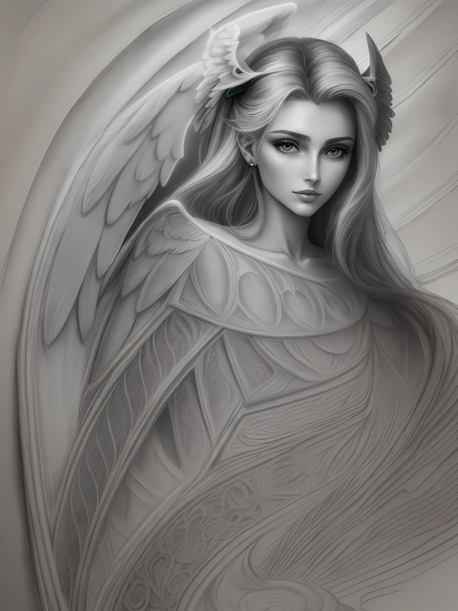 drawing of a woman with wings on her head, portrait of a beautiful angel, of a beautiful angel girl, beautiful female angel, winged girl angel, beautiful angel, angel girl, beautiful angel, angelic, tall female angel, by Randy Vargas, pencil and ink, pencil sketch, angel, fantasy drawing, a pencil sketch, possibly an angel, an angel, colored --auto --s2