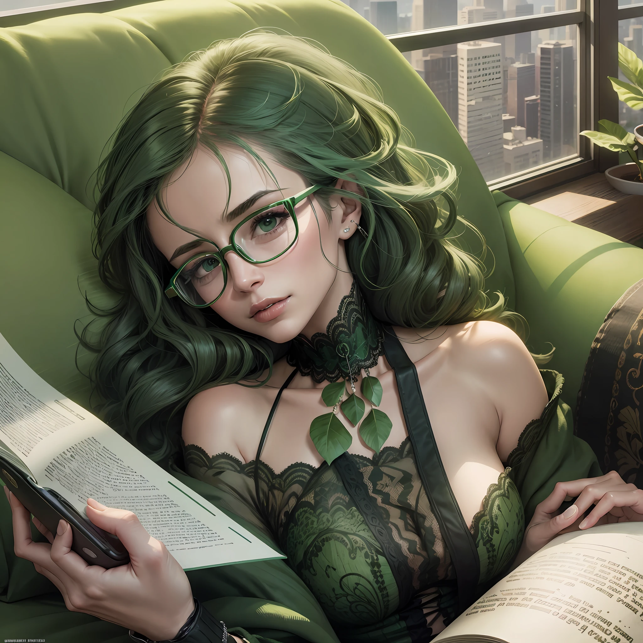 Lady 50 years old in glasses, lying on the couch, with green blanket, cell phone in hand in deep reading --auto --s2