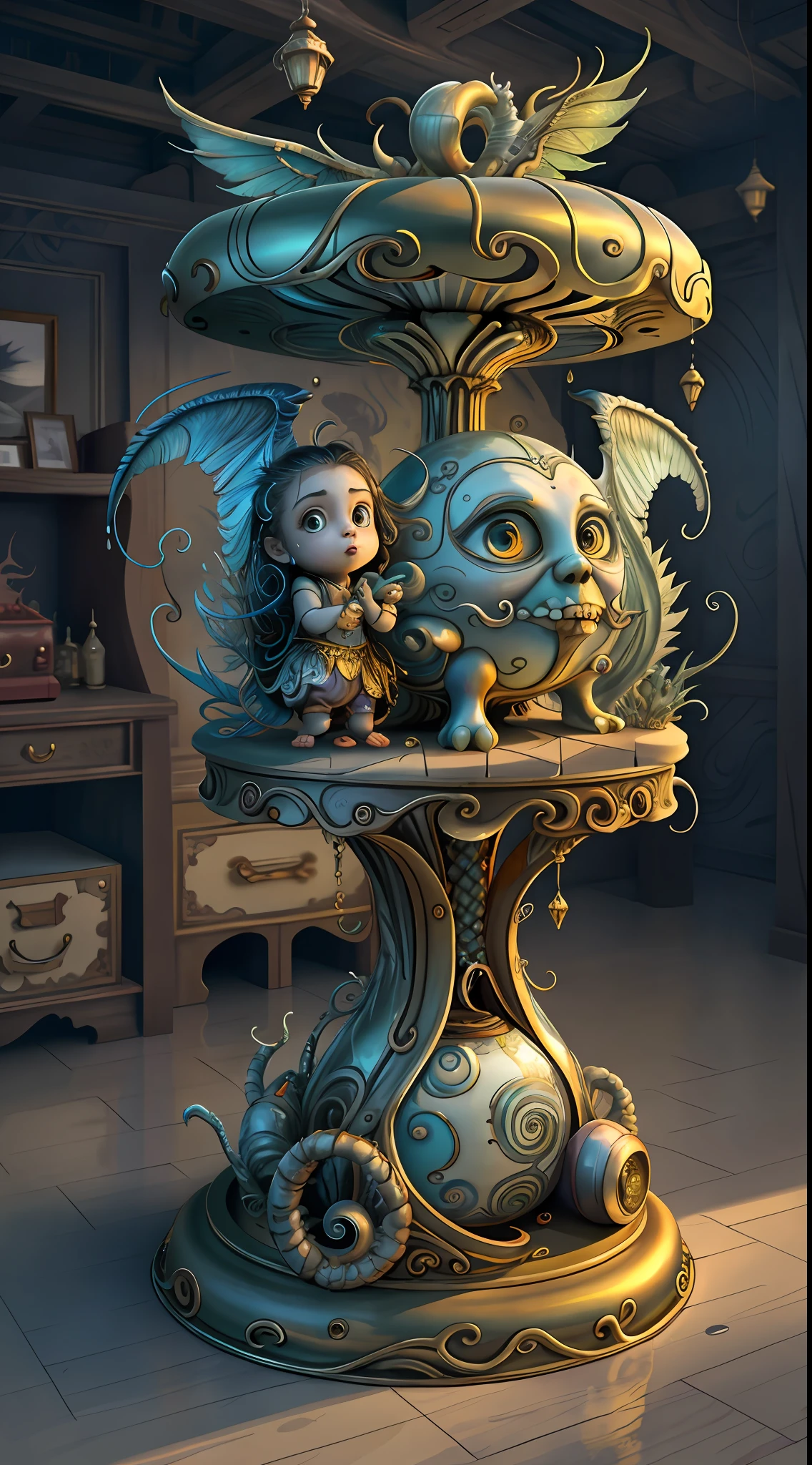 (best quality: 1.4), (masterpiece: 1.2), detailed, complex, high resolution, iridescent colors, A charming and fascinating creature with otherworldly forms that blend the best aspects of the monster human form and the innocent charm of a precocious child, scales, wings, blue, texture, complex, gorgeous, 3D, highly detailed, decorative style, Tim Burton, Dale Chihuly, Bruce Zheng, Cyril Rolando, H. R. Giger $plastic$ Grid: Real Lenoid afremov style, wet, fire