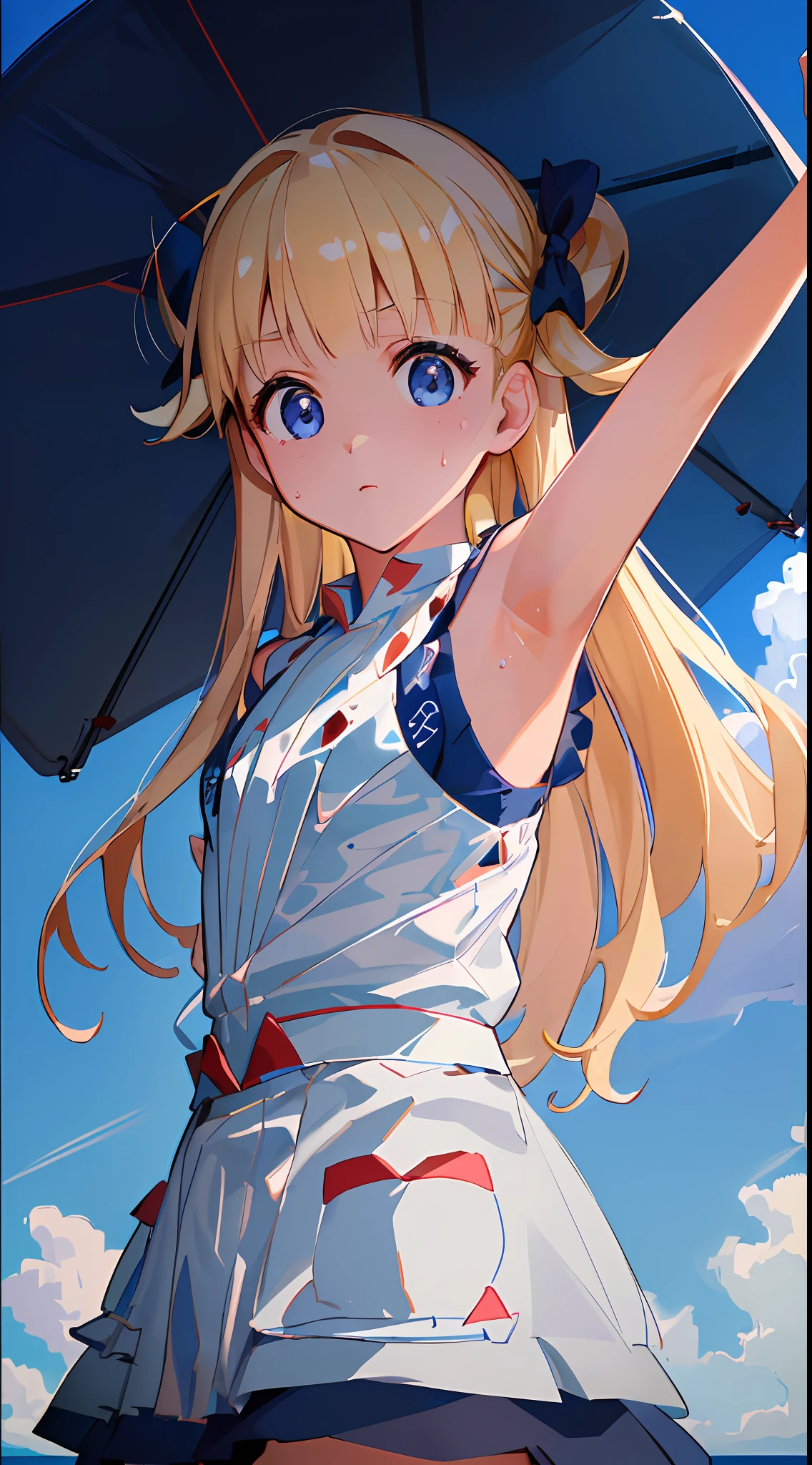 (((masterpiece: 1.5, best quality, high resolution: 1.3, super resolution, super detailed, ultra detailed:1.3, rich background:1.2))), ((face close up)), 1girl, solo, green eyes, blonde long hair tied with blue ribbon, blunt bangs, cute hairpin, transparent white t-shirt, white bikini inside t-shirt, white panties, ((raises one hand)), (armpit), (sweat), (outdoor), ((sea: 1.2)), ((beach)), scenery, (dusk), ((dynamic light: 1.4))
