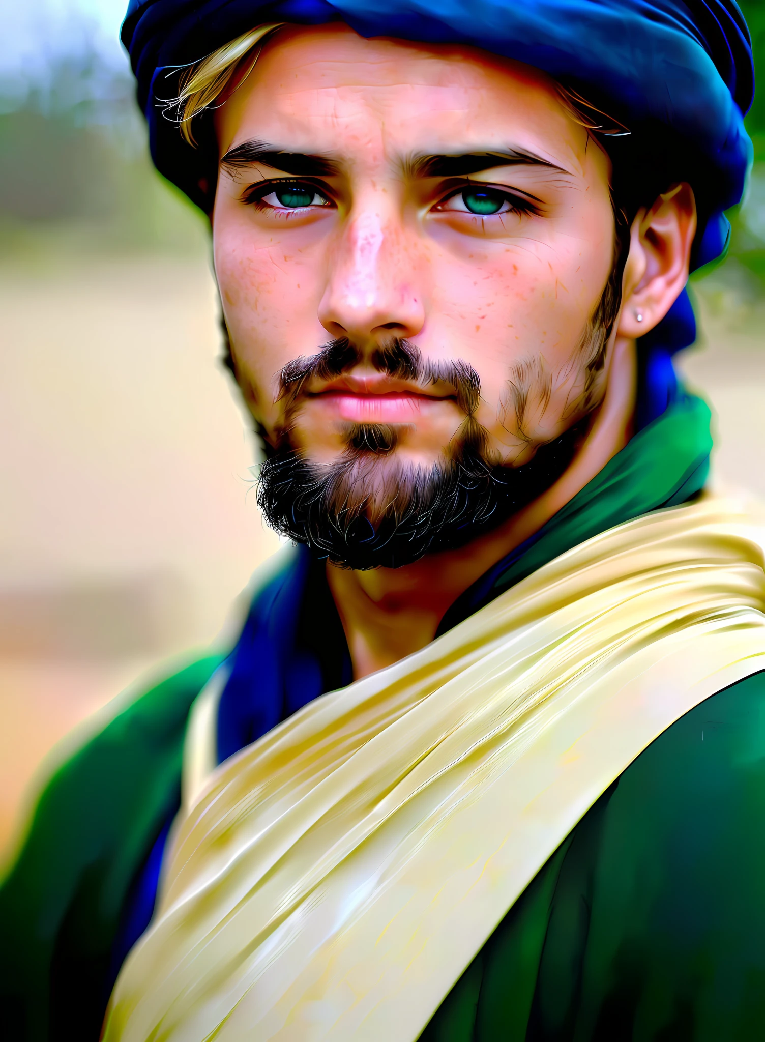 modelshoot style, (extremely detailed CG 8k wallpaper), photo only of the face, very close, of the most beautiful work of art in the world, medieval armor, professional majestic oil painting by Ed Blinkey, Atey Ghailan, Studio Ghibli, by Jeremy Mann, Greg Manchess, Antonio Moro, trend in ArtStation, trend in CGSociety, Intricate, High Detail, Sharp Focus, dramatic and photorealistic painting art by midjourney and greg rutkowski. In a "starry night desert," the young Fatimid caliph Hakim watches the night sky with serenity. His blue-green eyes are illuminated by the stars, reflecting the beauty of the universe in his soul. "Create a work of art that depicts the caliph in ultra-realistic detail, with his blond-brown hair and white skin, in a moment of contemplation and connection with the cosmos. Make the viewer feel the peace and wisdom that emanates from the gaze of this great leader."
