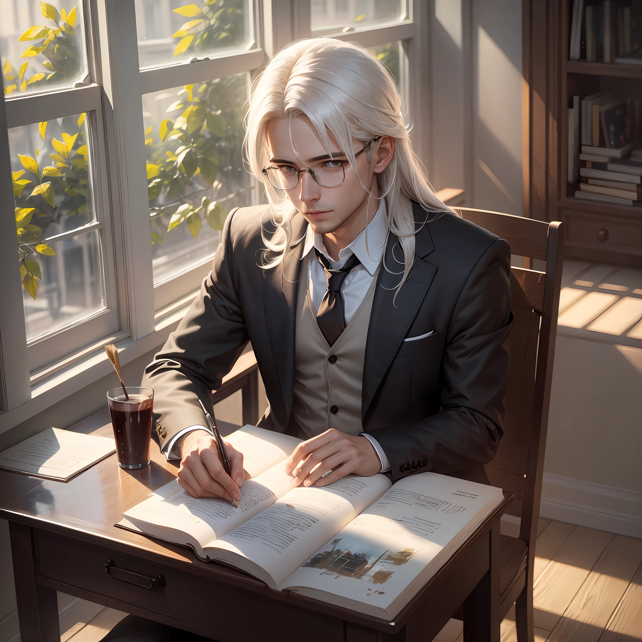 Ultra realistic, Formal Painting, 4K, Young man with shoulder-length white hair. Sitting in a classroom. Organized. Books. Sun hitting the window. Round glasses. --auto --s2