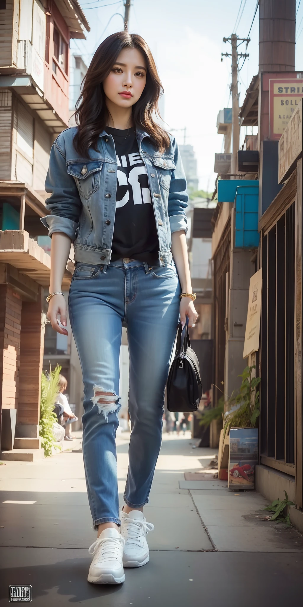 worms eye camera view of a full head to feet view, full head showing, elegant Filipina, wearing sneakers in hiphop, rugged jeans, an outfit in the street of Manila, cute fine face, rounded eyes, digital painting, fan art, pixiv, by Ilya Kuvshinov, katsuhiro otomo ghost-in-the-shell, magali villeneuve, artgerm, Jeremy Lipkin and Michael Garmash and Rob Rey slum background from Payatas