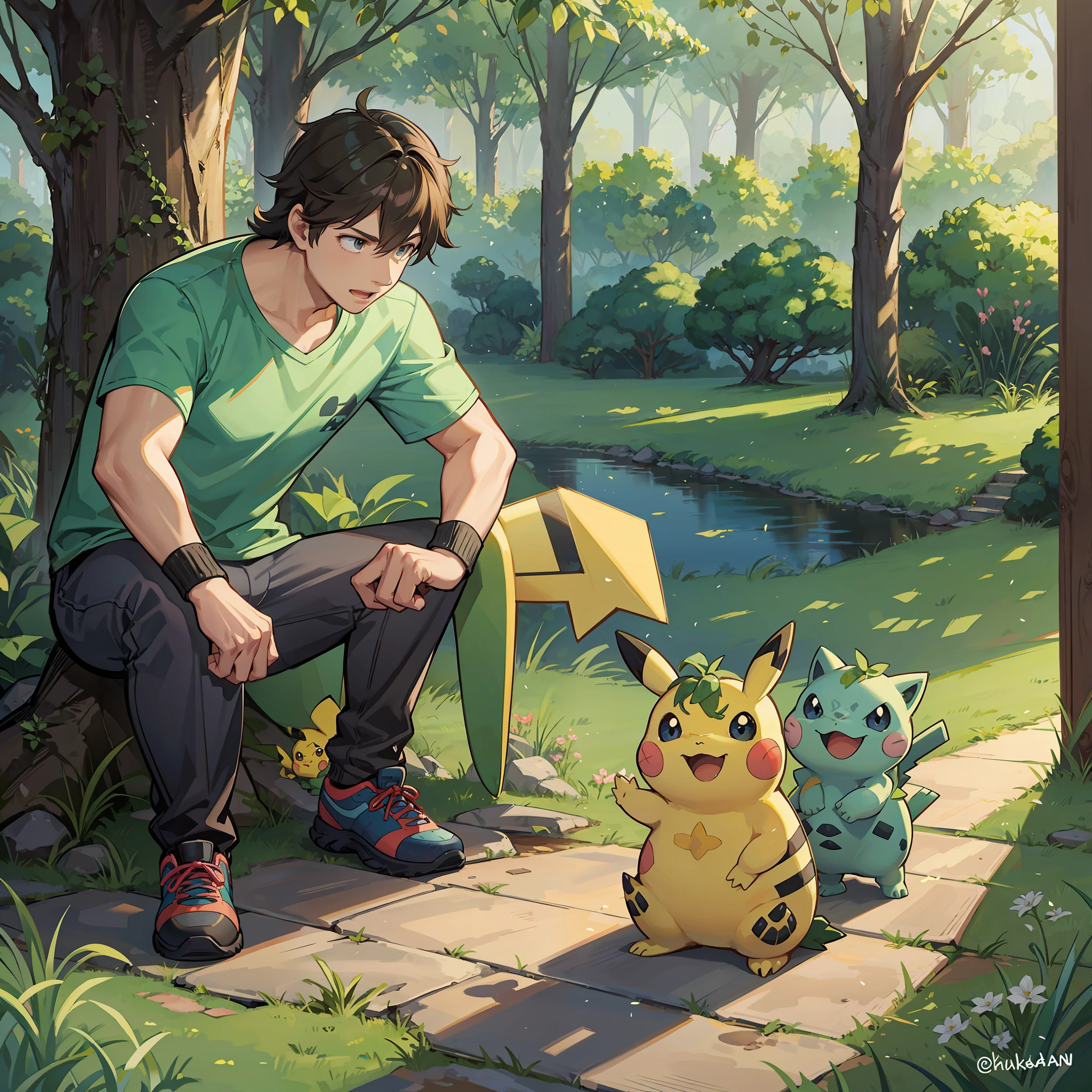 Steve irwin training Pikachu and Bulbasaur in a Pokemon Gym