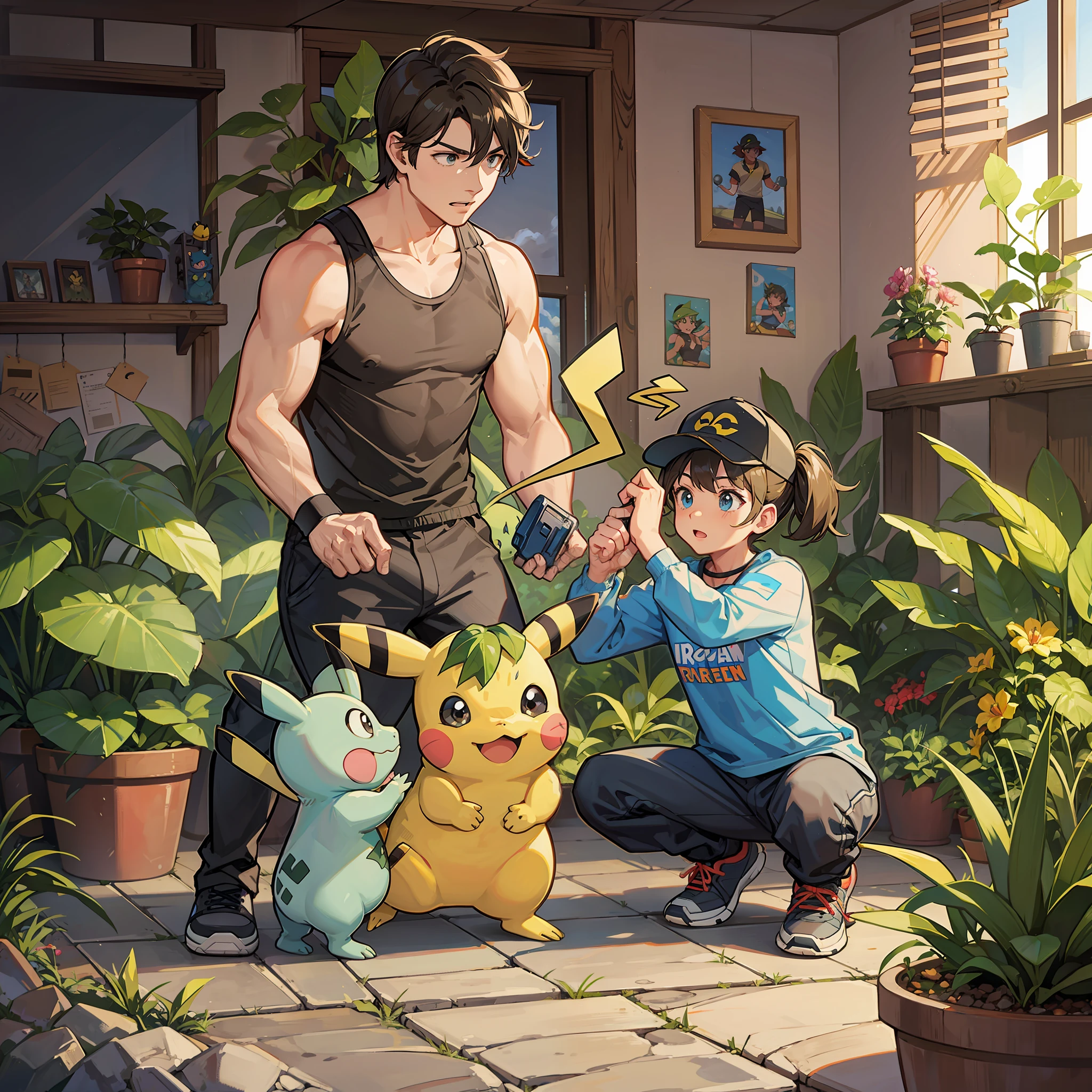 Steve irwin training Pikachu and Bulbasaur in a Pokemon Gym