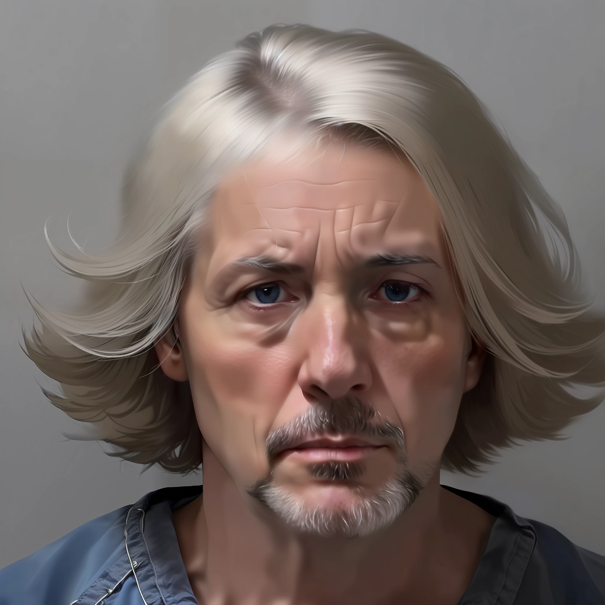 a close up of a person with a gray hair and a blue shirt, mug shot, photo of a 50-year-old white man, mugshot, taken in the early 2020s, criminal mugshot, mugshot!!!!!, taken in the late 2010s, front portrait, classified photo, headshot photo, profile image, toothy smilw