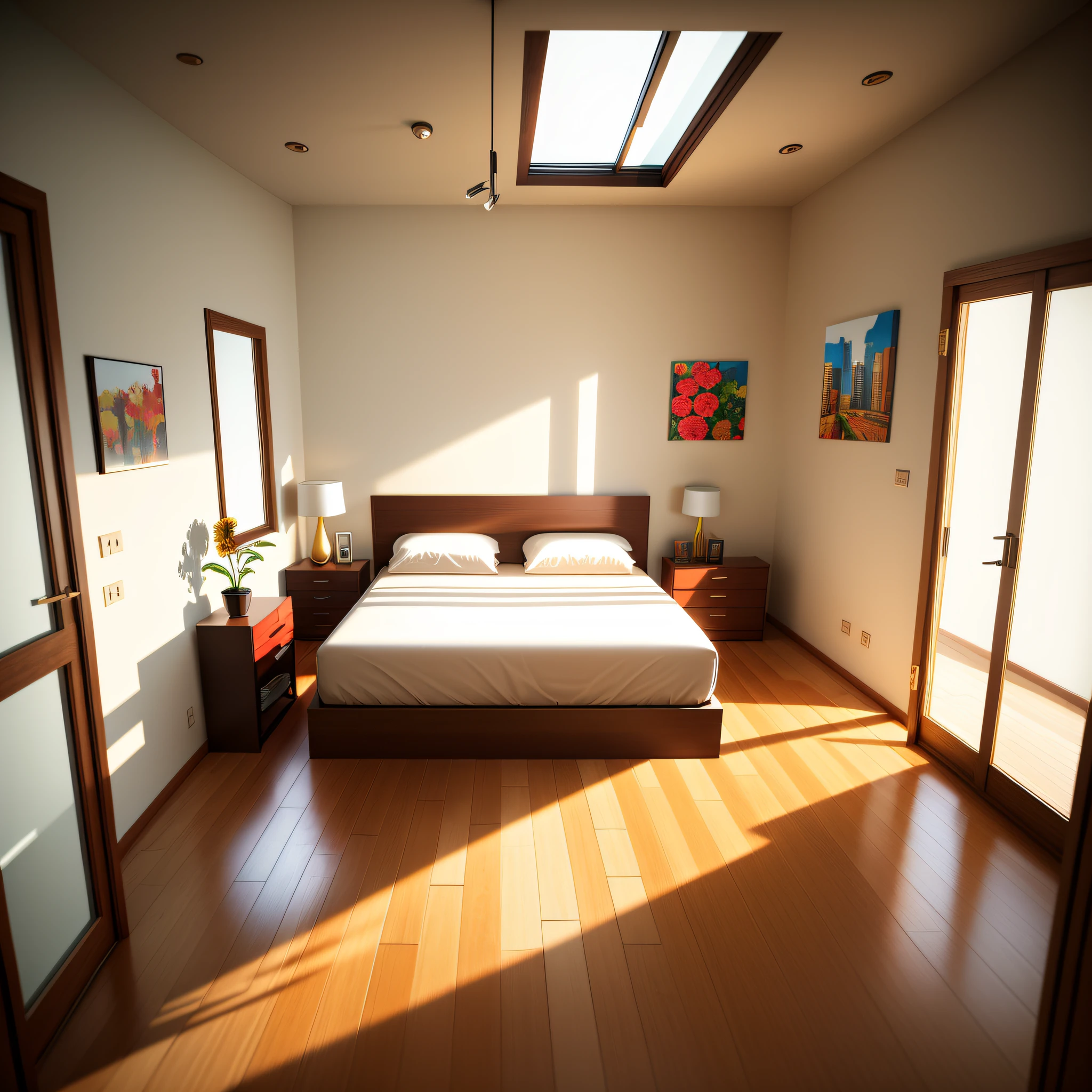 interior of a double bedroom, with a box-type bed with red bedding, with cushions with jaguar design, a headboard in rustic wood, with a rustic modern wardrobe with mirror on two doors, a carpet on the floor, clear and modern lighting, some decorations and flower pots, a large window of single glass with white curtains,  and white walls with graffiti style, interior architecture, Art Deco, modern, ray tracing, super detail, best quality, highres, 8k, 16k, best quality