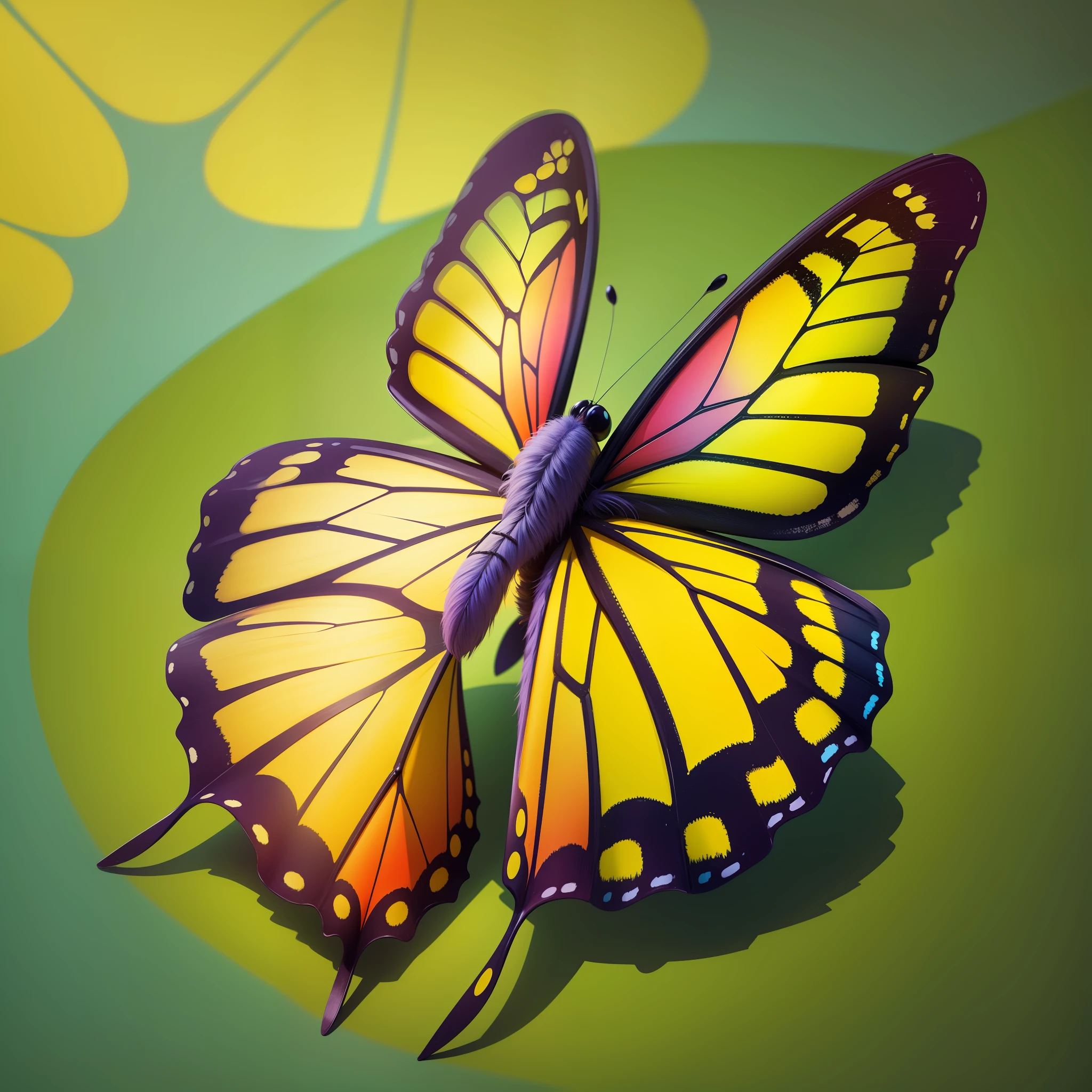 A playful, colorful but predominantly yellow, cartoon-shaped, Disney-like butterfly