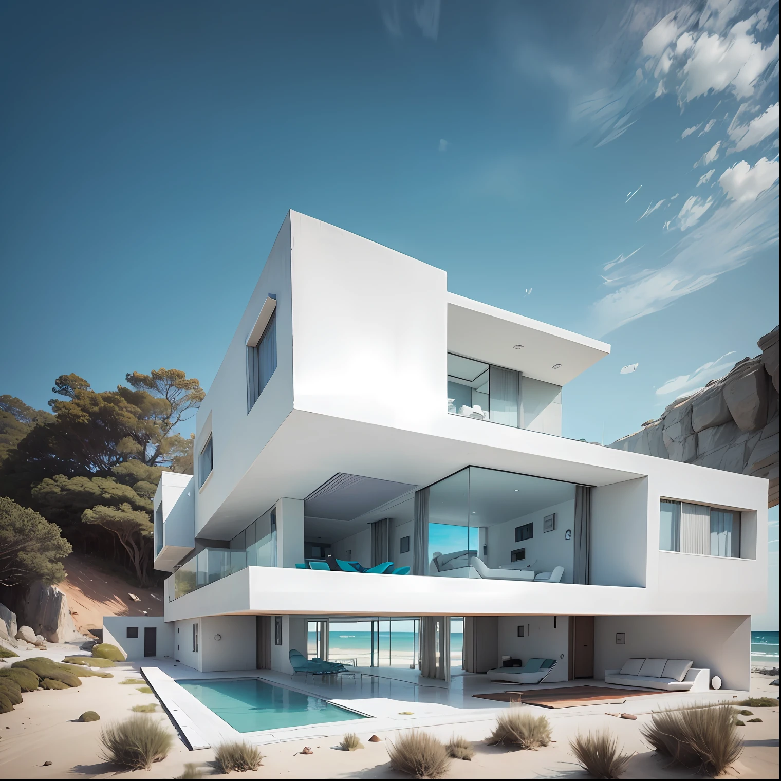 A futuristic white house on the edge of a beach --auto --s2
