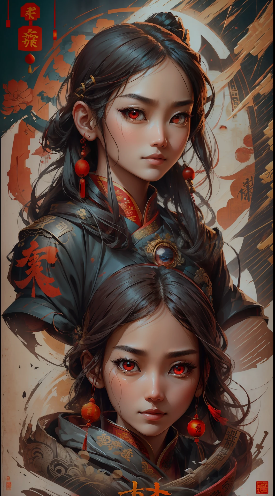 (best quality, movie poster style), a beautiful woman with (one red eye:1.2),(meaningful chinese script writing:1.1), combining the elements perfectly together.