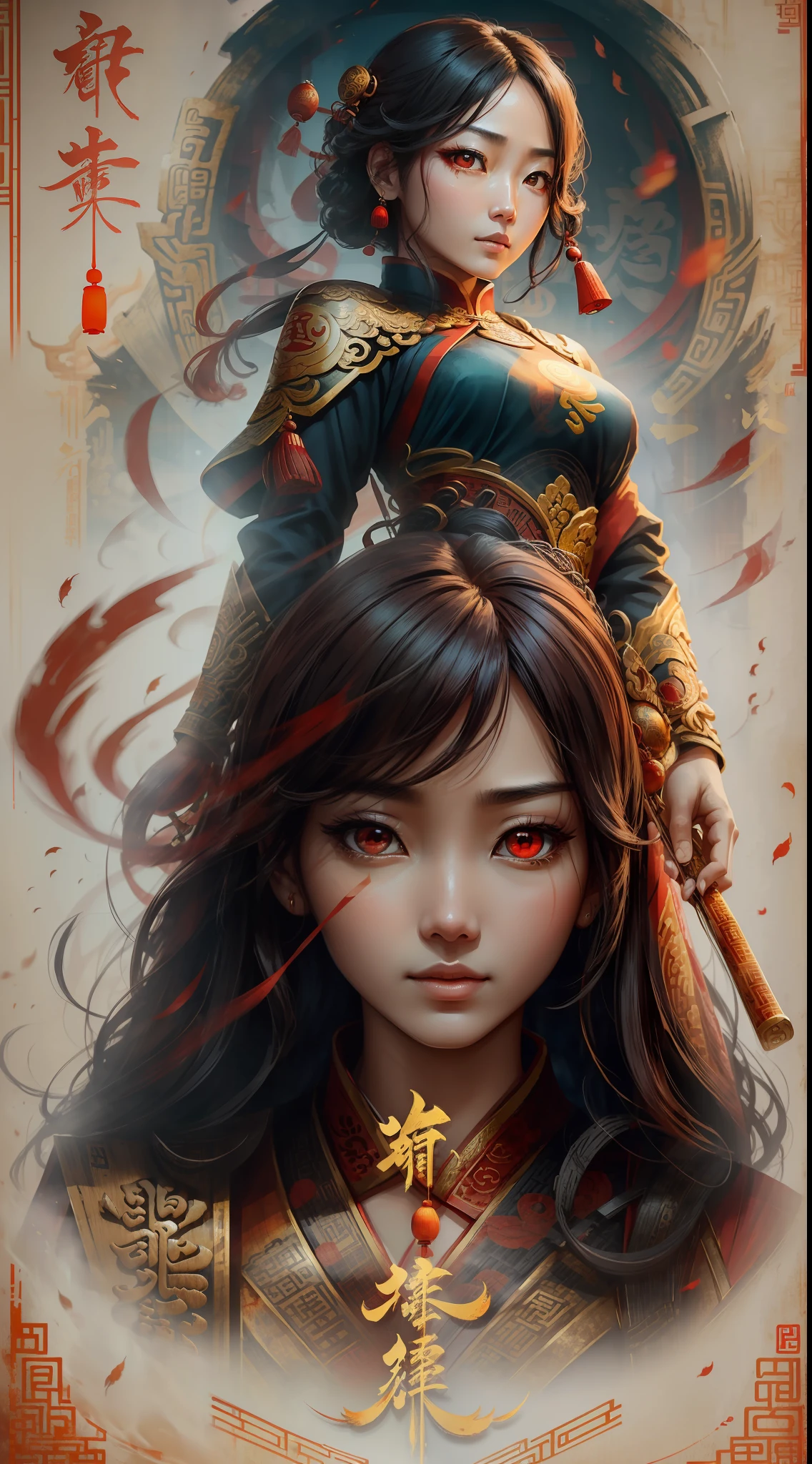 (best quality, movie poster style), a beautiful woman with (one red eye:1.2),(meaningful chinese script writing:1.1), combining the elements perfectly together.