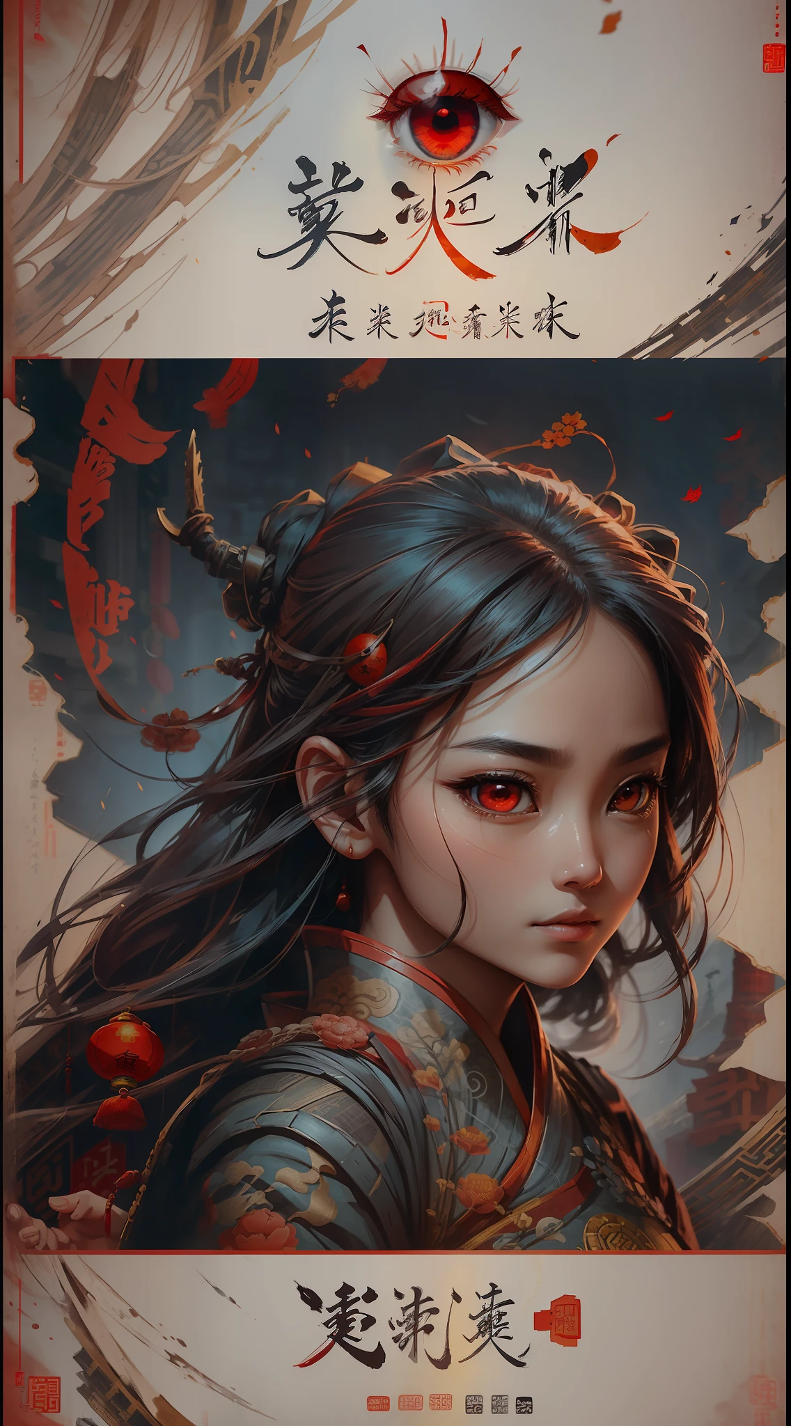 (best quality, movie poster style), a beautiful woman with (one red eye:1.2),(meaningful chinese script writing:1.1), combining the elements perfectly together.