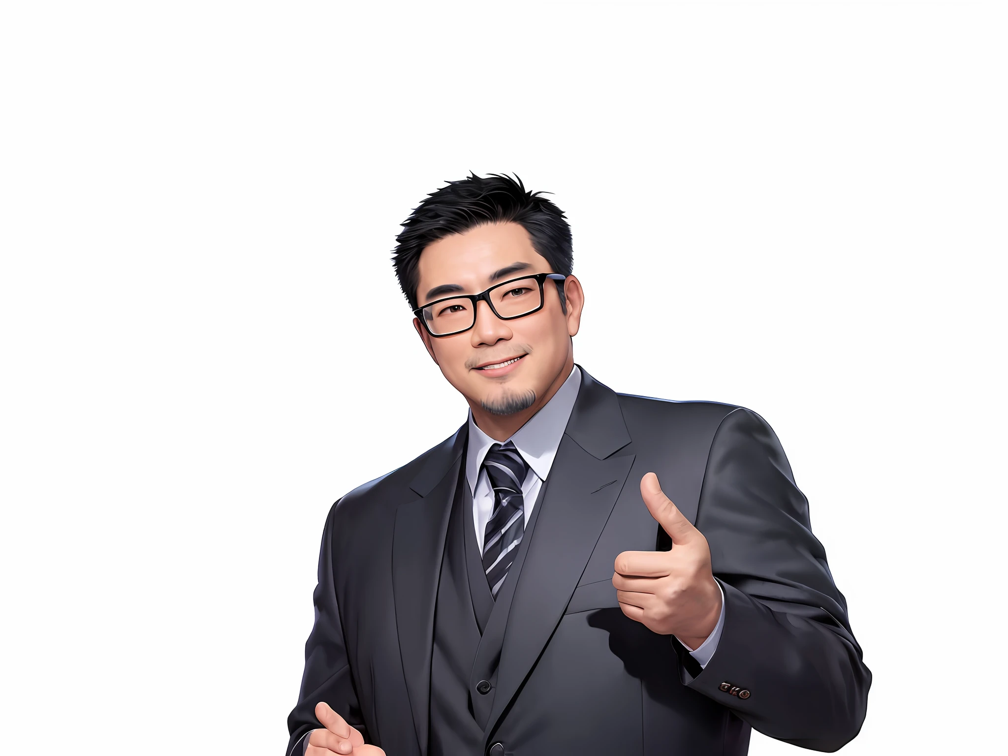 Best quality, masterpiece, upper body, middle-aged handsome, Taiwanese man, silver glasses, slightly chubby face, black super short hair, black eyes, black suit, confident smile, digital painting, film, character design of Mark Layden and Pixar and Hayao Miyazaki,