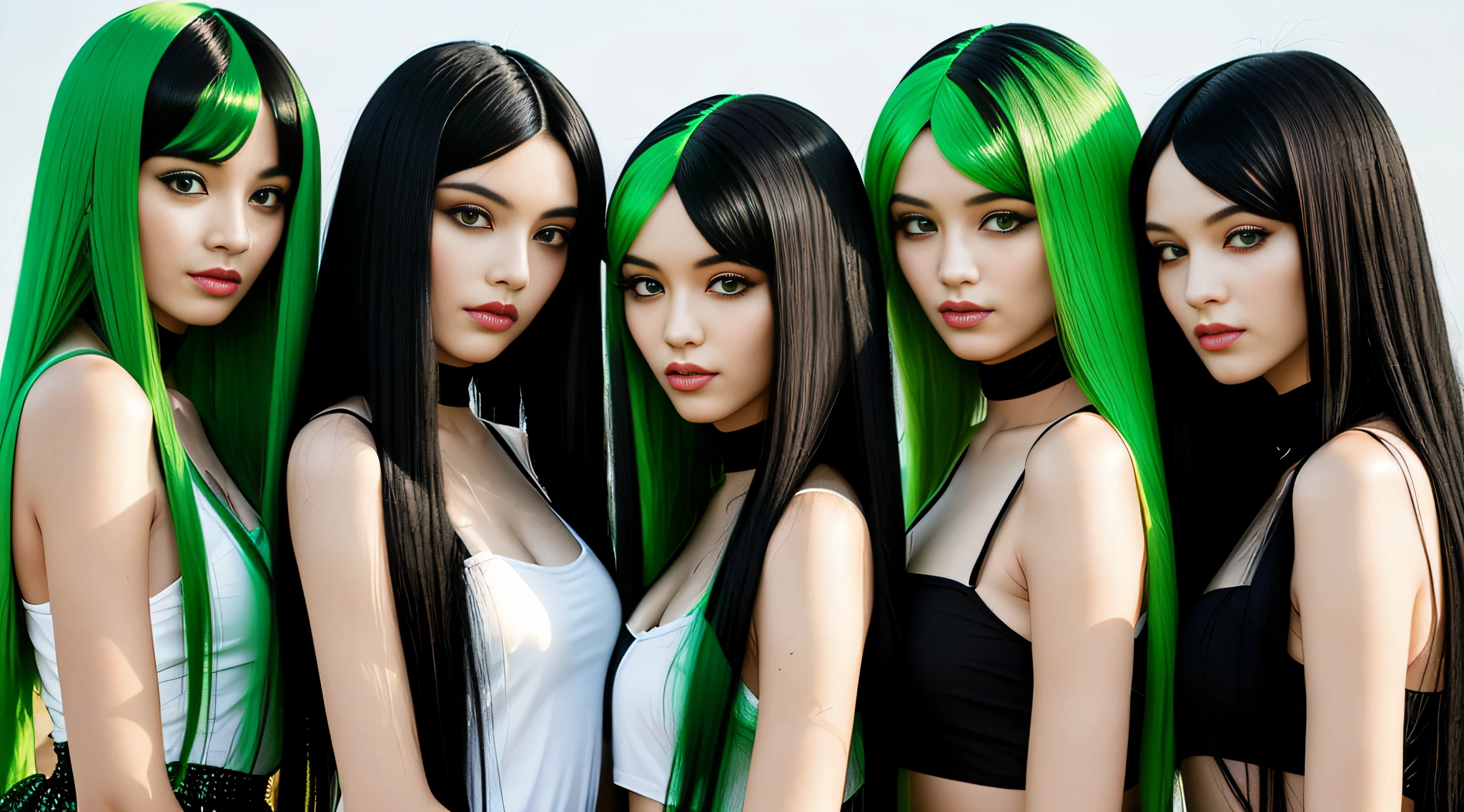 three girls with long BLACK hair and GREEN wigs posing for a photo, bright BLACK hair, bright GREEN hair, long shiny BLACK hair, infrared hair, girl black hair, orange skin and long burning hair, hair like green fire, black hair and attractive features, long green fire hair, long black hair, perfect android girl family,  by Bernardino Mei, burning green hair