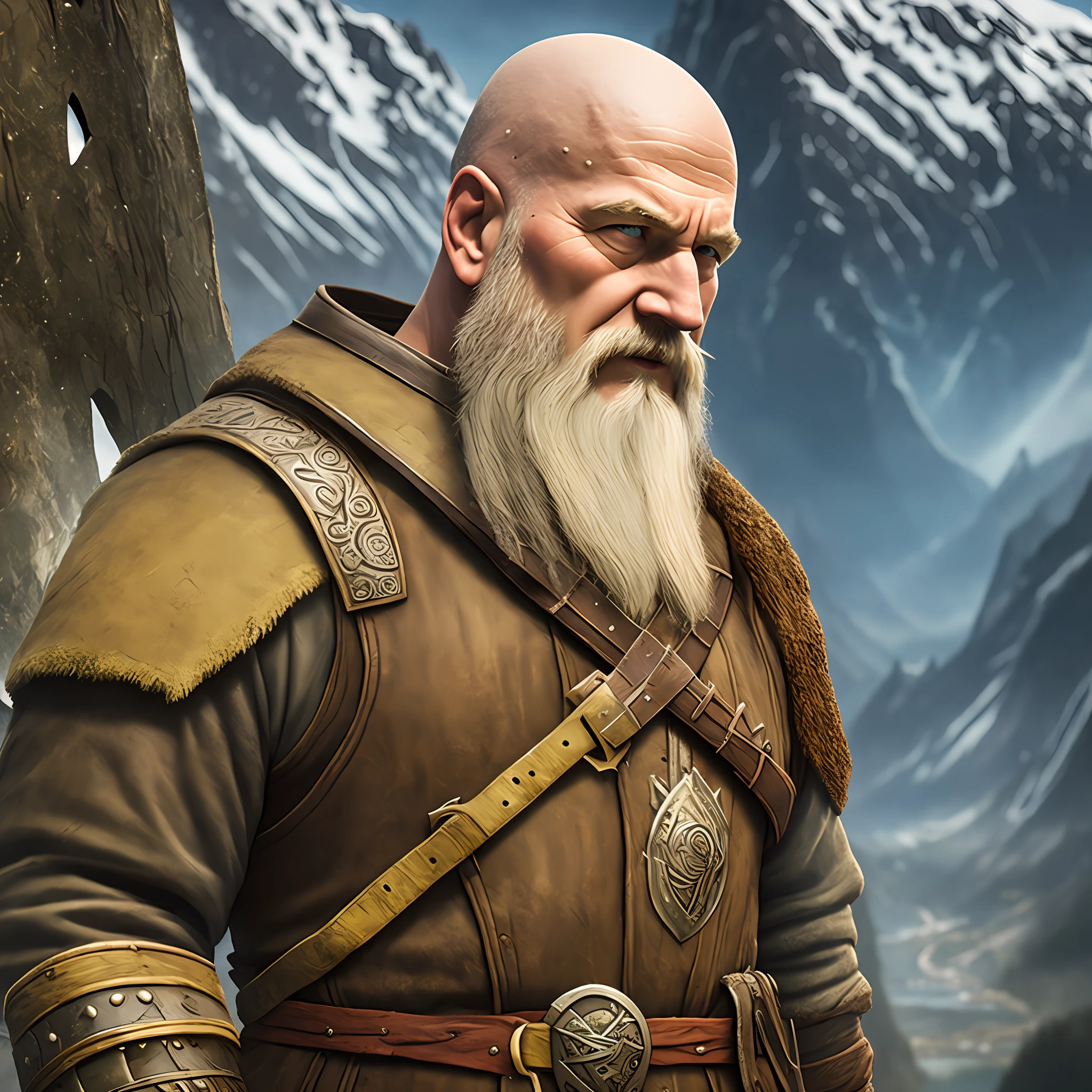 An old bald Viking with a goatee, his Axe to the Ground, thoughtful, staring into a fjord