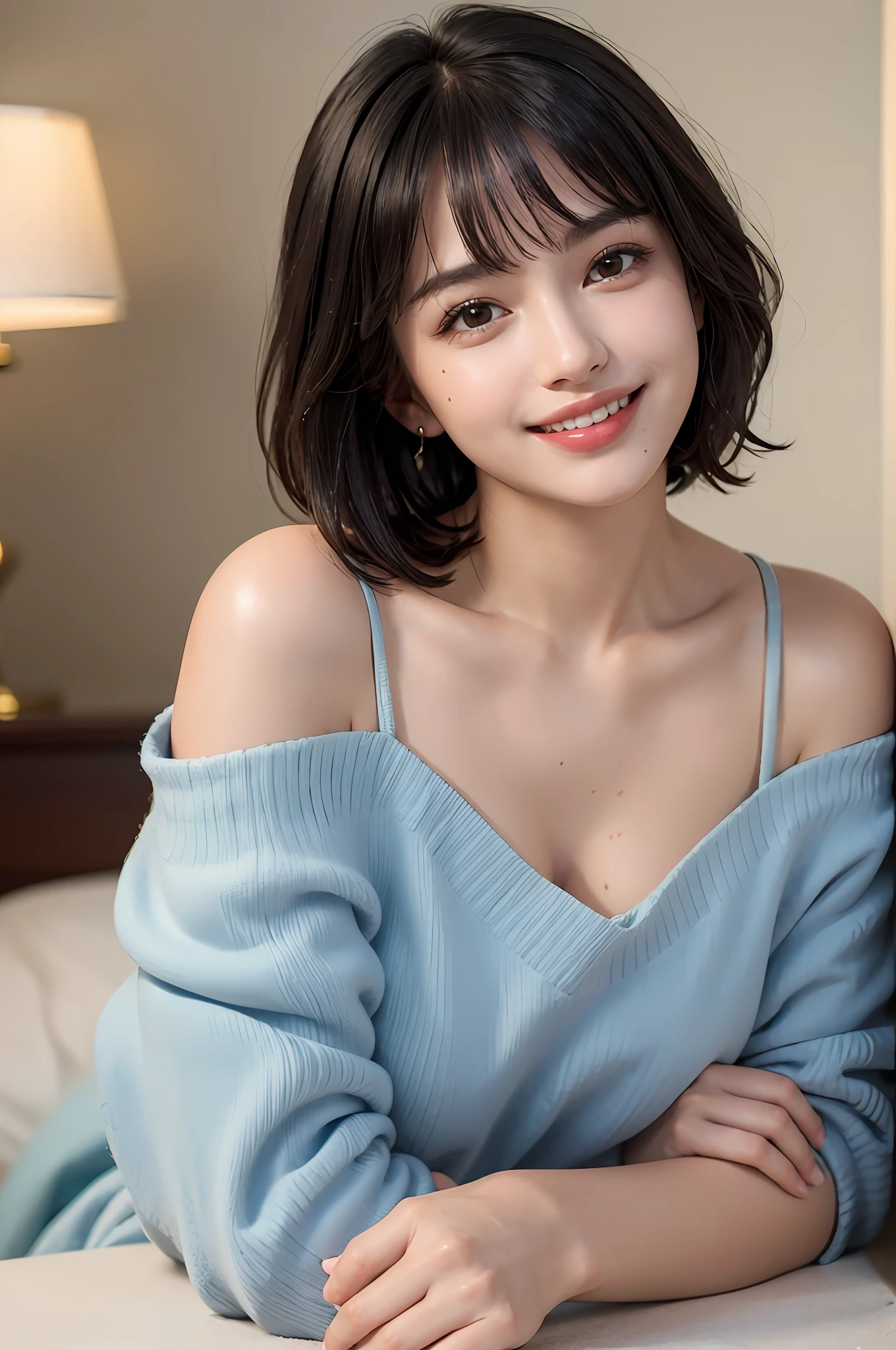 Top quality, masterpiece, (photorealistic: 1.4), One woman, Golden ratio, High angle shot, Upper look, Low angle shot, Perfect face, Beautiful figure, Cute face, Close up face, Zoom in on face, Short bob, Short hair, Smile from different angles, Smile, Gloss, Highlight, Gloss on skin, Glossy skin, Wet skin, Wet, Bangs, cute smile, bust, off-shoulder, refreshing charm, elegant, perfect hands, smile from an angle, smile, shiny, highlight, glossy skin, bangs, bust, big, warm off-shoulder, refreshing charm, ears out, gaze to camera, poses at different angles