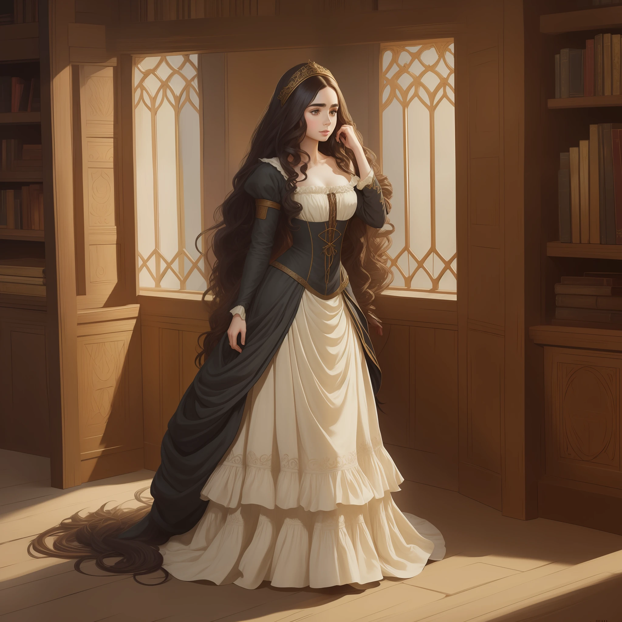 Lily Collins with long black curly hair in a medieval chemise, medieval plebeian clothing, an illustration is detailed, smooth and glossy, full body, HD artwork by Justin Gerard