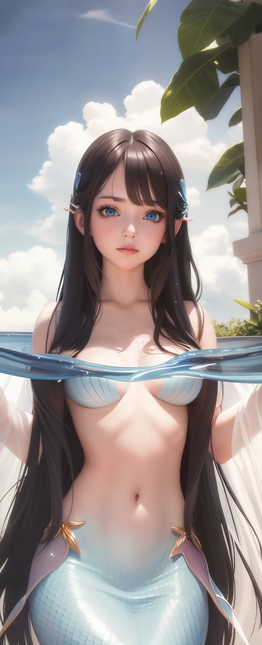 Mascia skin, cinema lighting, ultra detailed, Beautiful mermaid, innocent look, well-lit and detailed blue eyes, pink lips, cinema lighting, realistic, art look