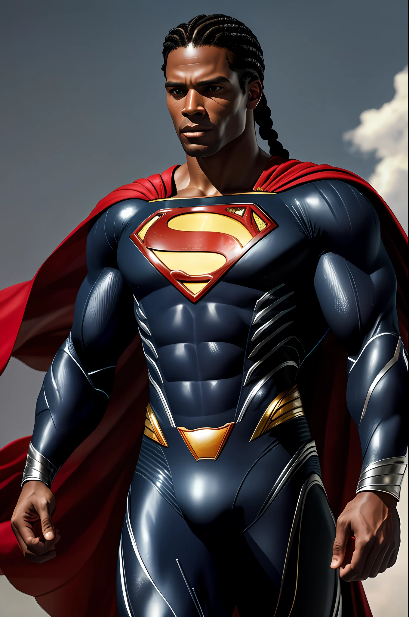 (16k, RAW photo, best quality, masterpiece: 1.2), ultra-detailed, formal art, photorealism: 1.37, upper body photo, black man braided hair 50 years DC Superman, film grain, action pose